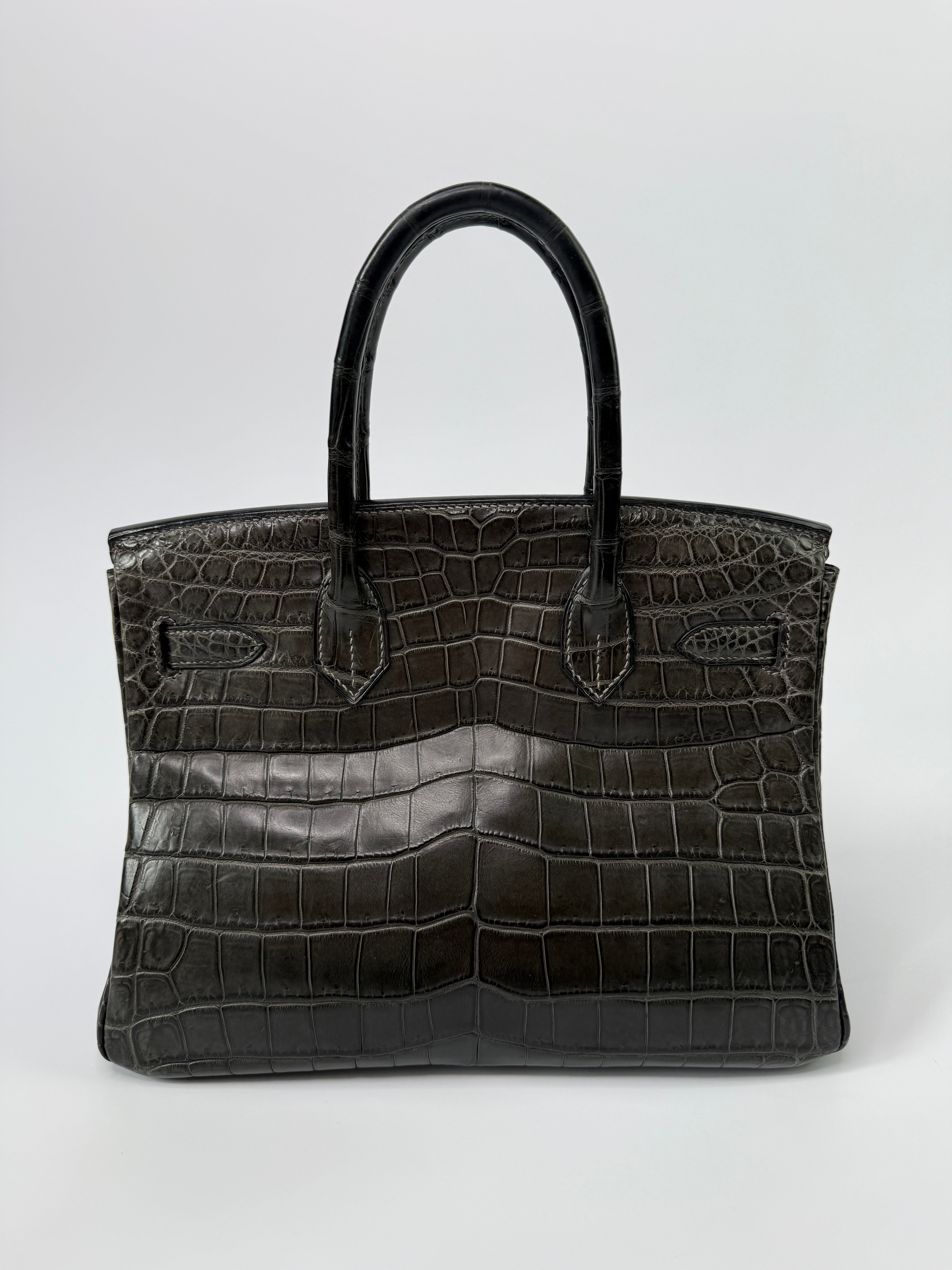 Authentic Pre Loved Hermès Birkin 30 In Matte Graphite Crocodile With Gold Hardware Excellent Condition