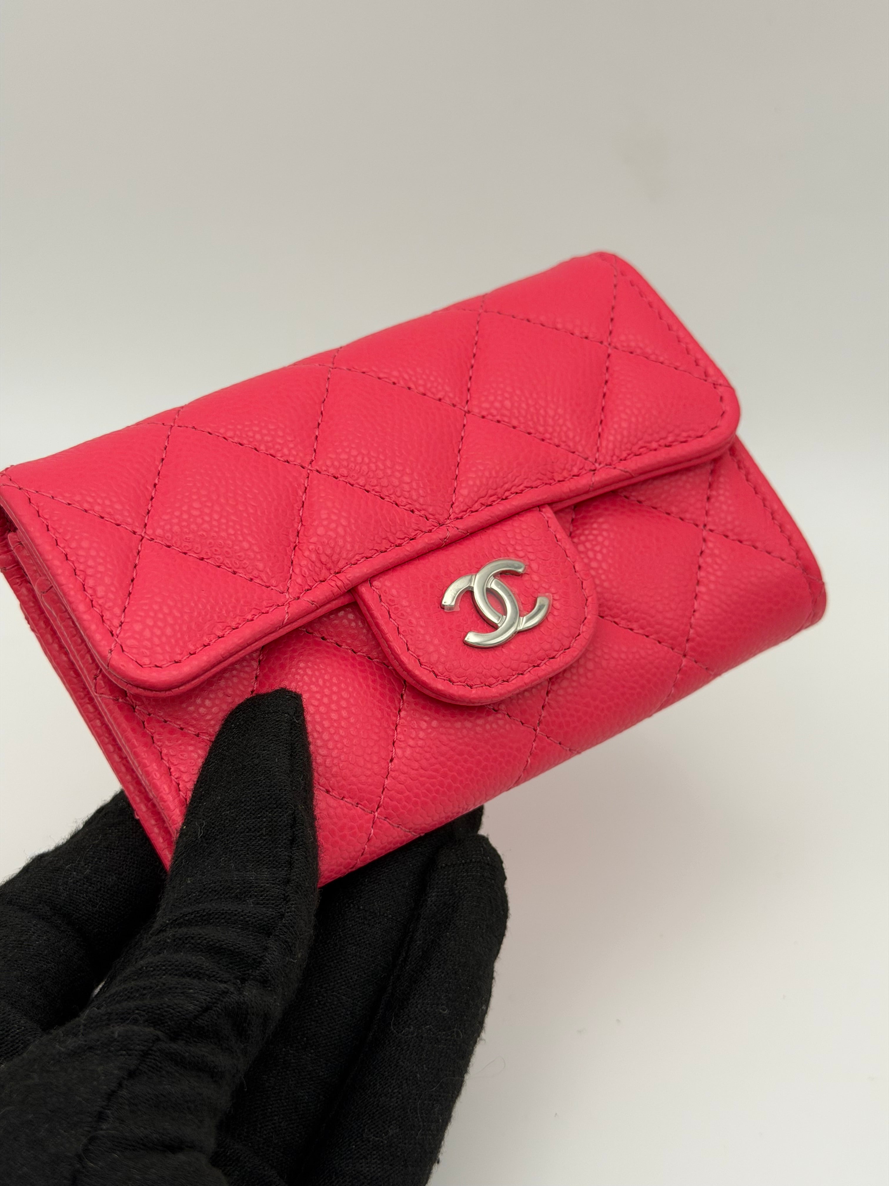 Chanel Classic Card Holder In Hot Pink Caviar Leather With Silver Hardware. Authentic and preloved in excellent condition