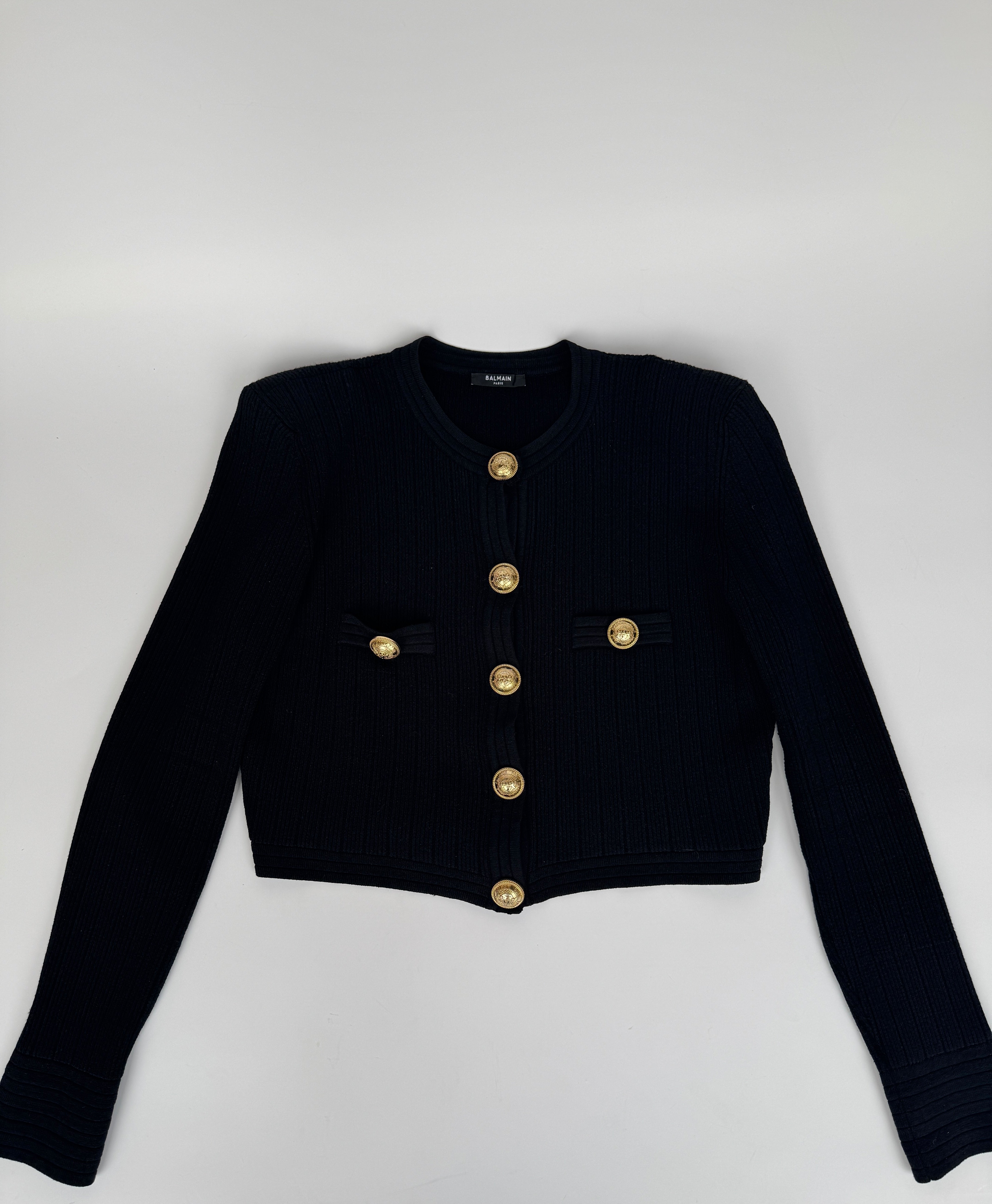 Balmain Black Cropped Jacquard-Knit Blazer (Size FR44)