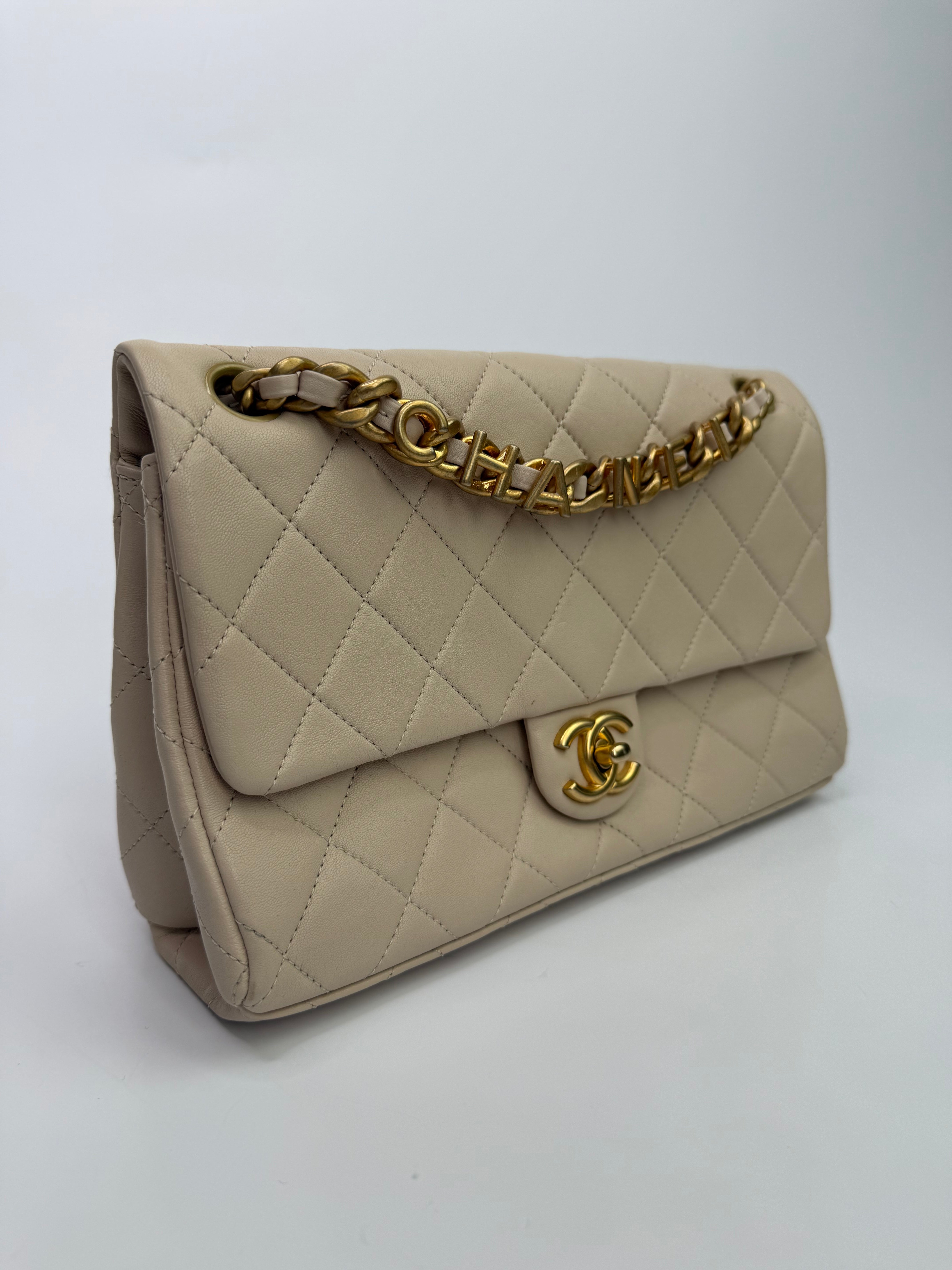 Chanel Medium Quilted Lambskin Logo Letters Touch Chain Flap Bag