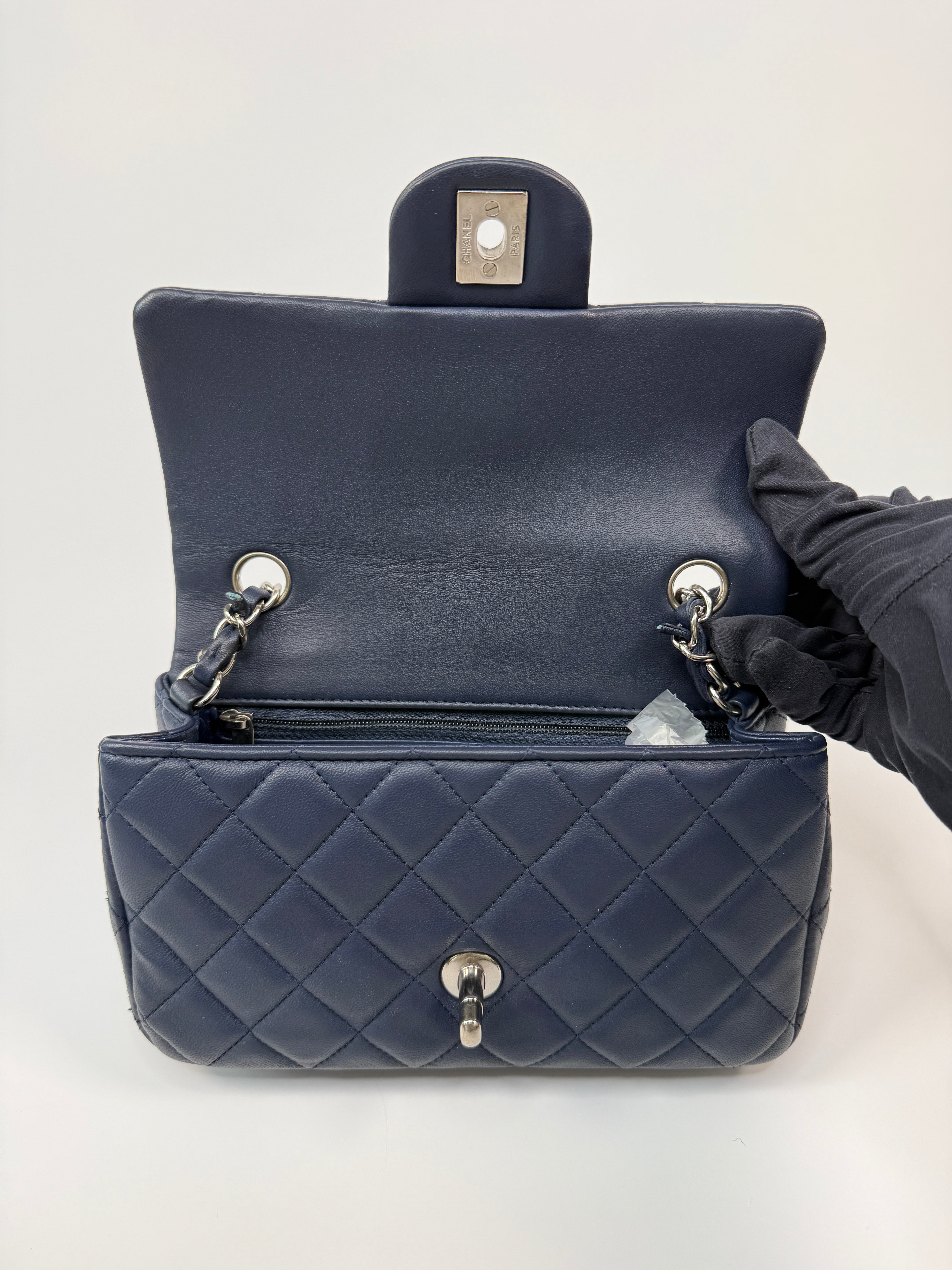 Chanel Mini Rectangle Flap Bag In Navy Lambskin With Silver Hardware
Pre Loved & Authentic