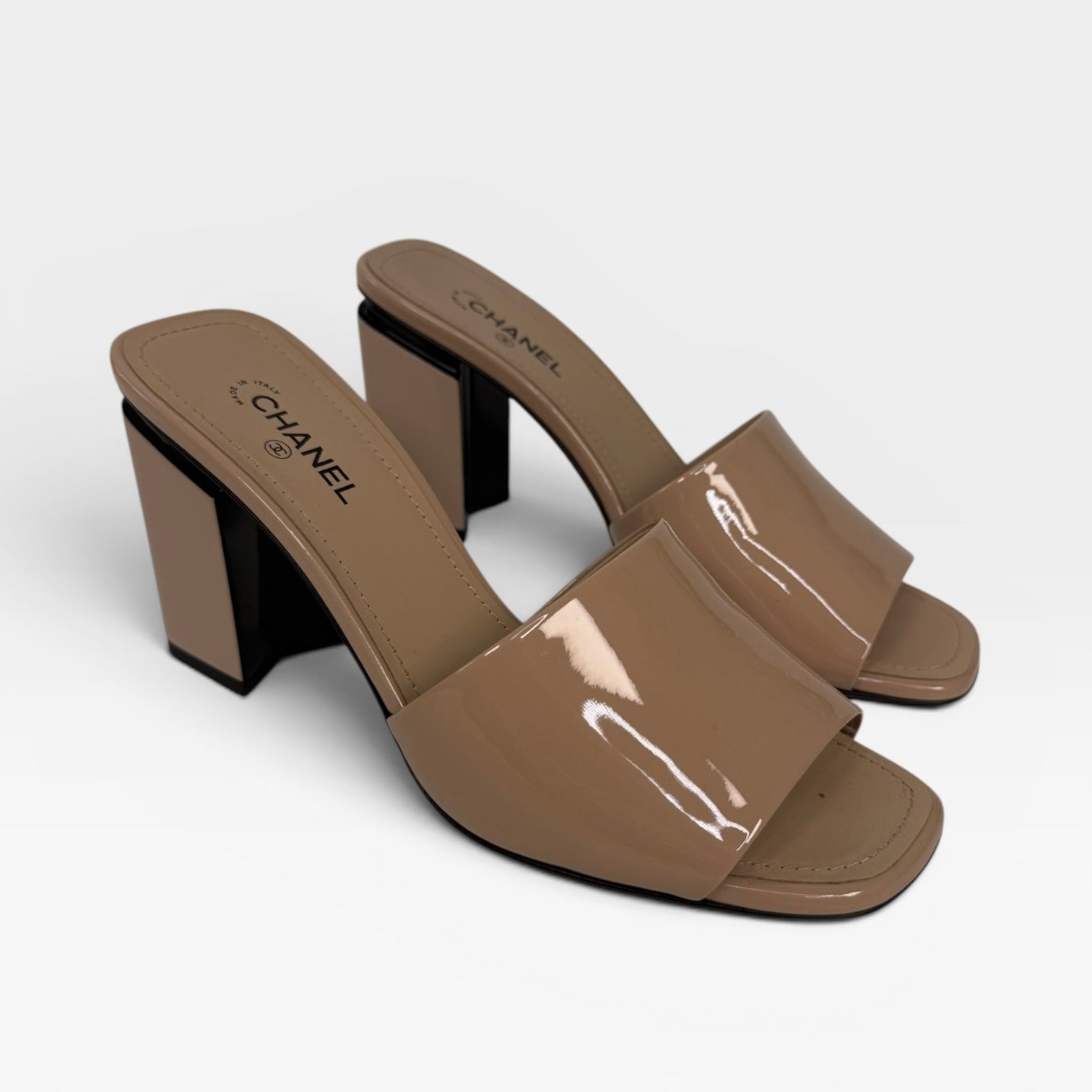 Chanel Heeled Mules In Nude Patent Leather (Size 37.5/UK4.5)