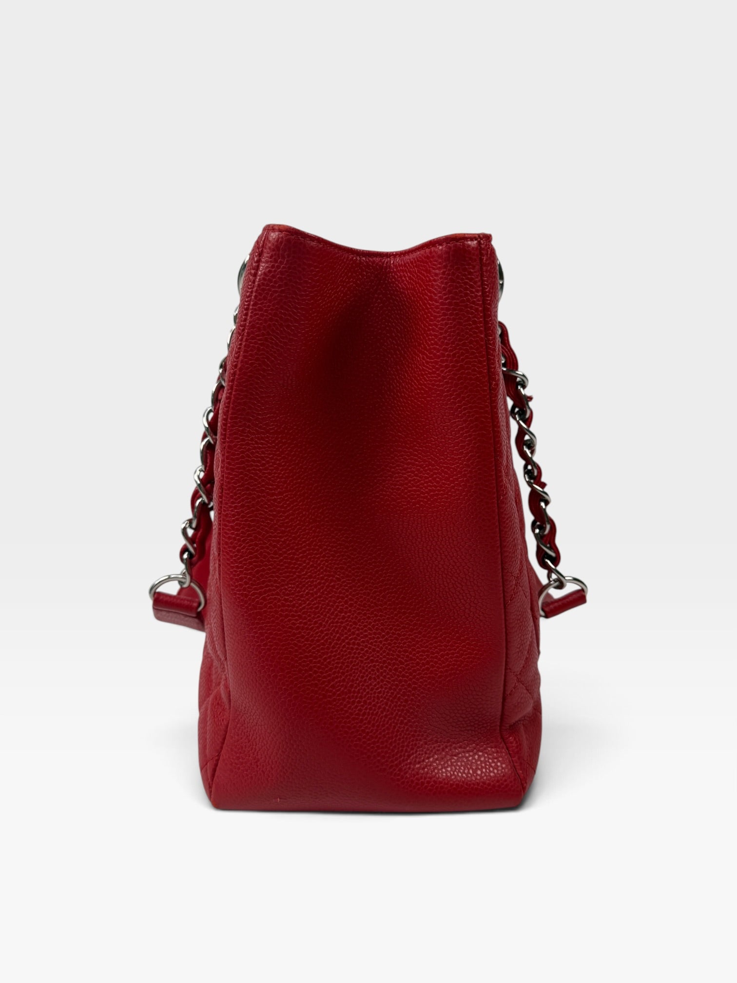 Chanel Grand Shopper Tote In Red Caviar Leather With Silver Hardware. 100% authentic and preloved in very good condition