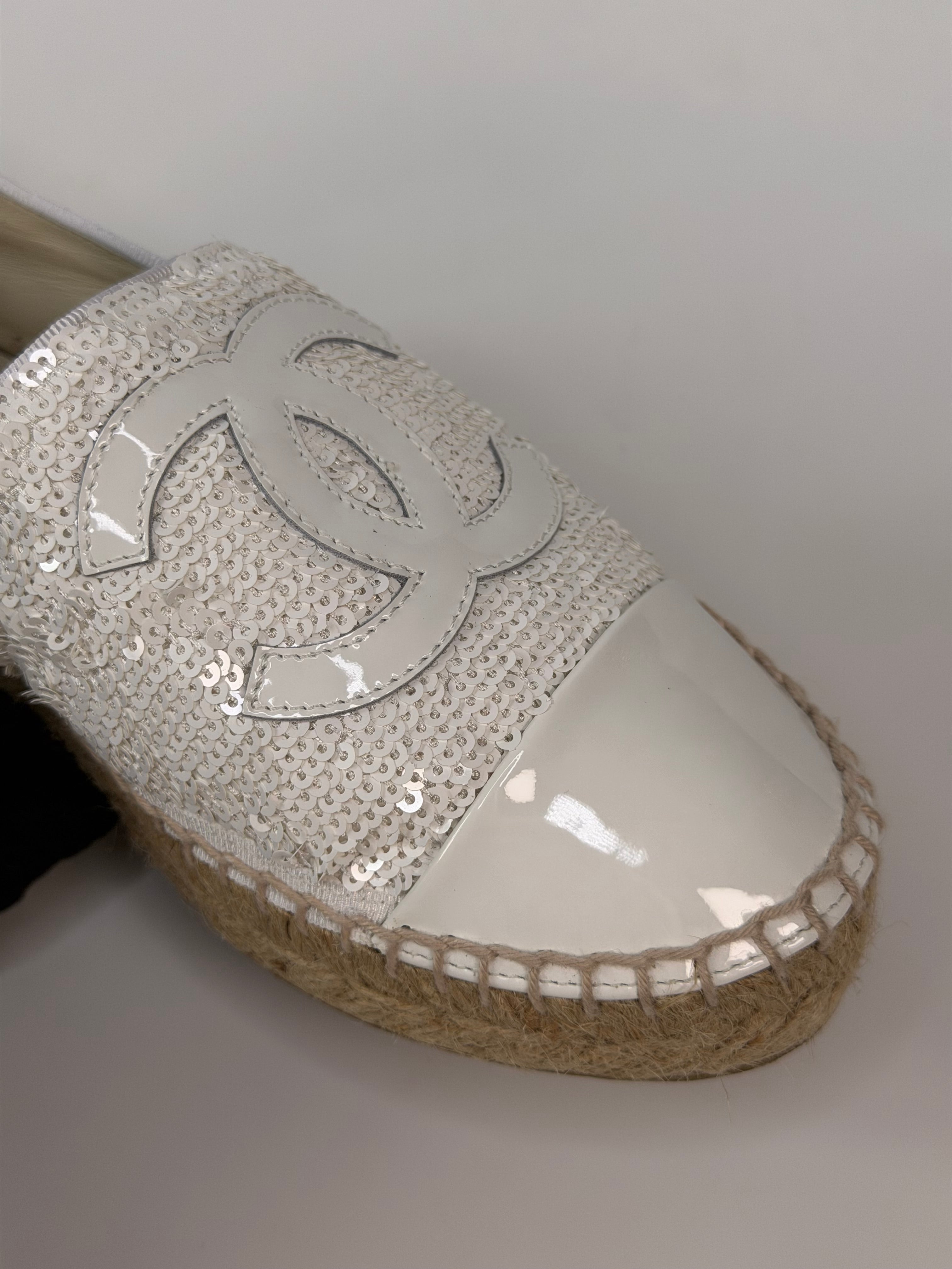 Chanel Sequin Espadrilles In White Patent Leather (Size 37/UK4) 100% authentic and preloved in excellent condition