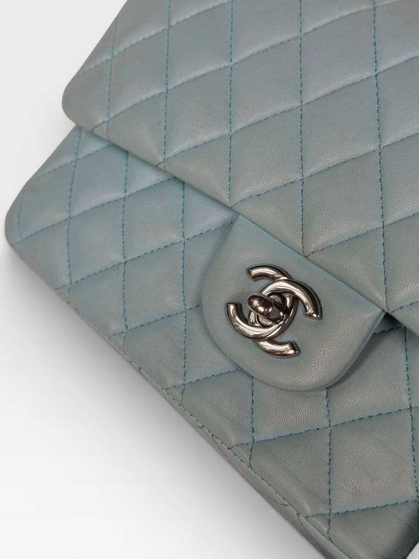 Chanel Medium Double Classic Flap Light Blue Silver Hardware. Authentic and preloved in good condition.