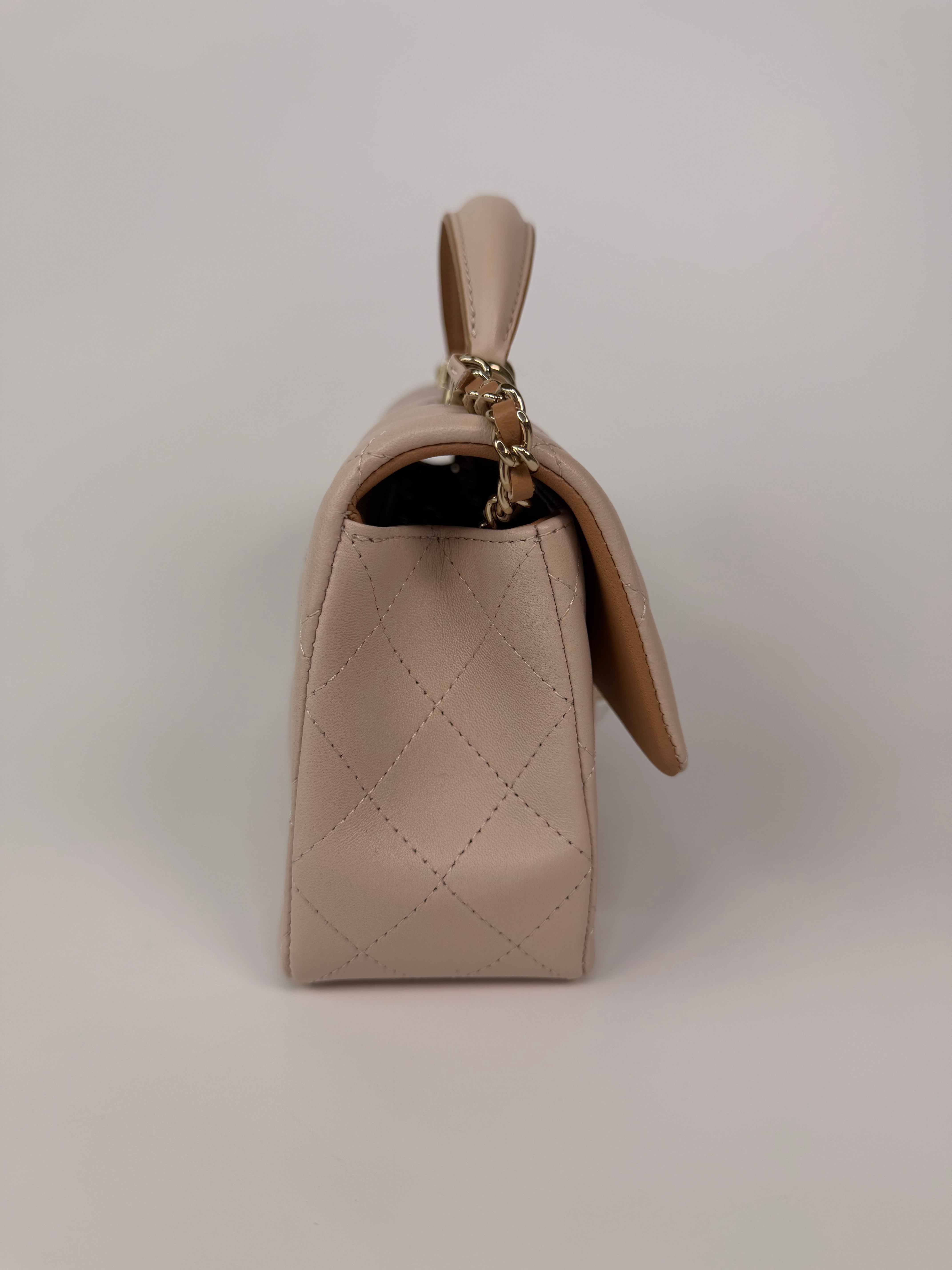 Chanel Mini Rectangle Top Handle In Light Beige Lambskin Leather With Pale Gold Hardware