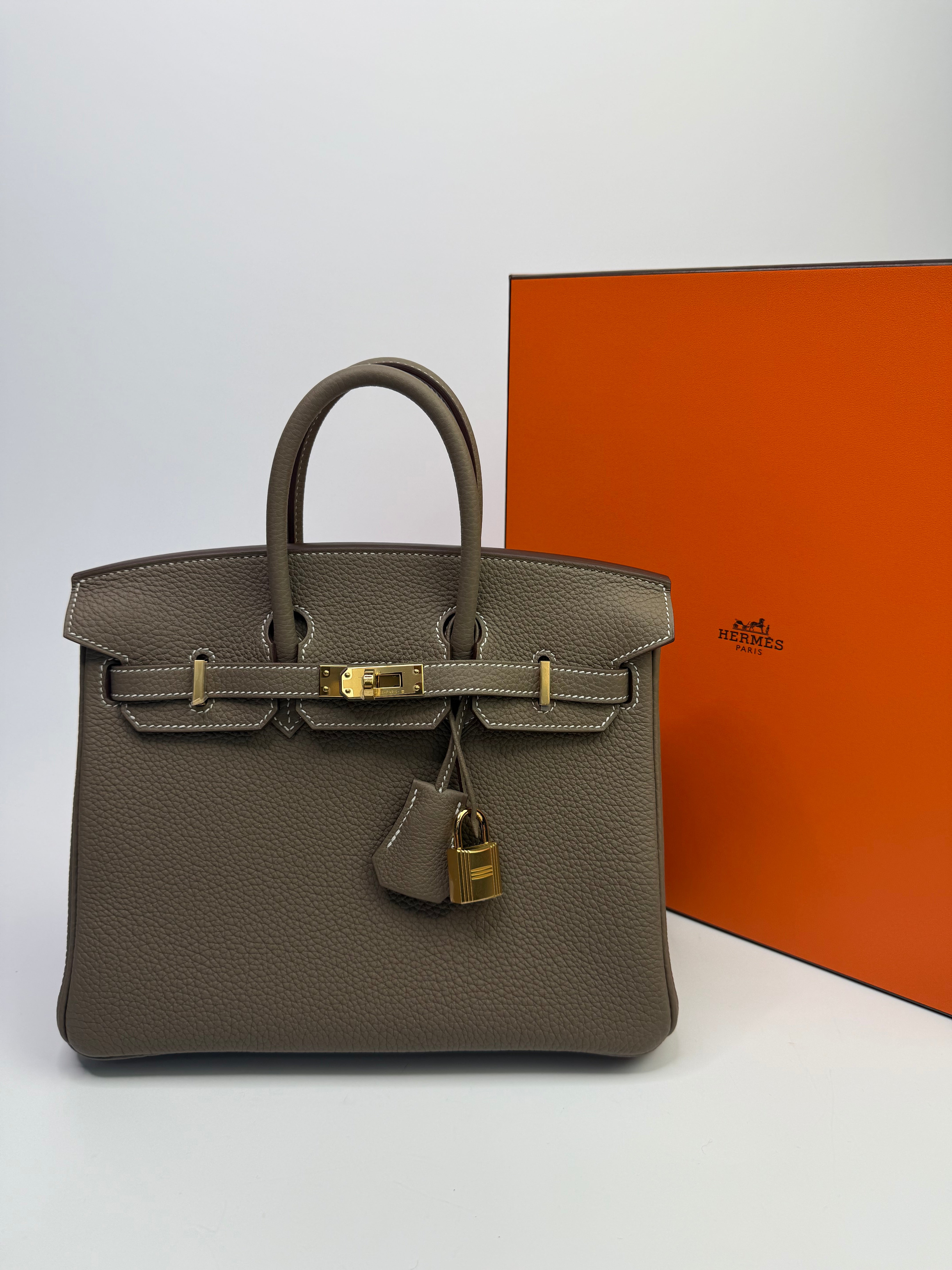 Authentic Pre Loved Hermès Birkin 25 Retourne Etoupe Togo Leather With Gold Hardware New & Unused Condition