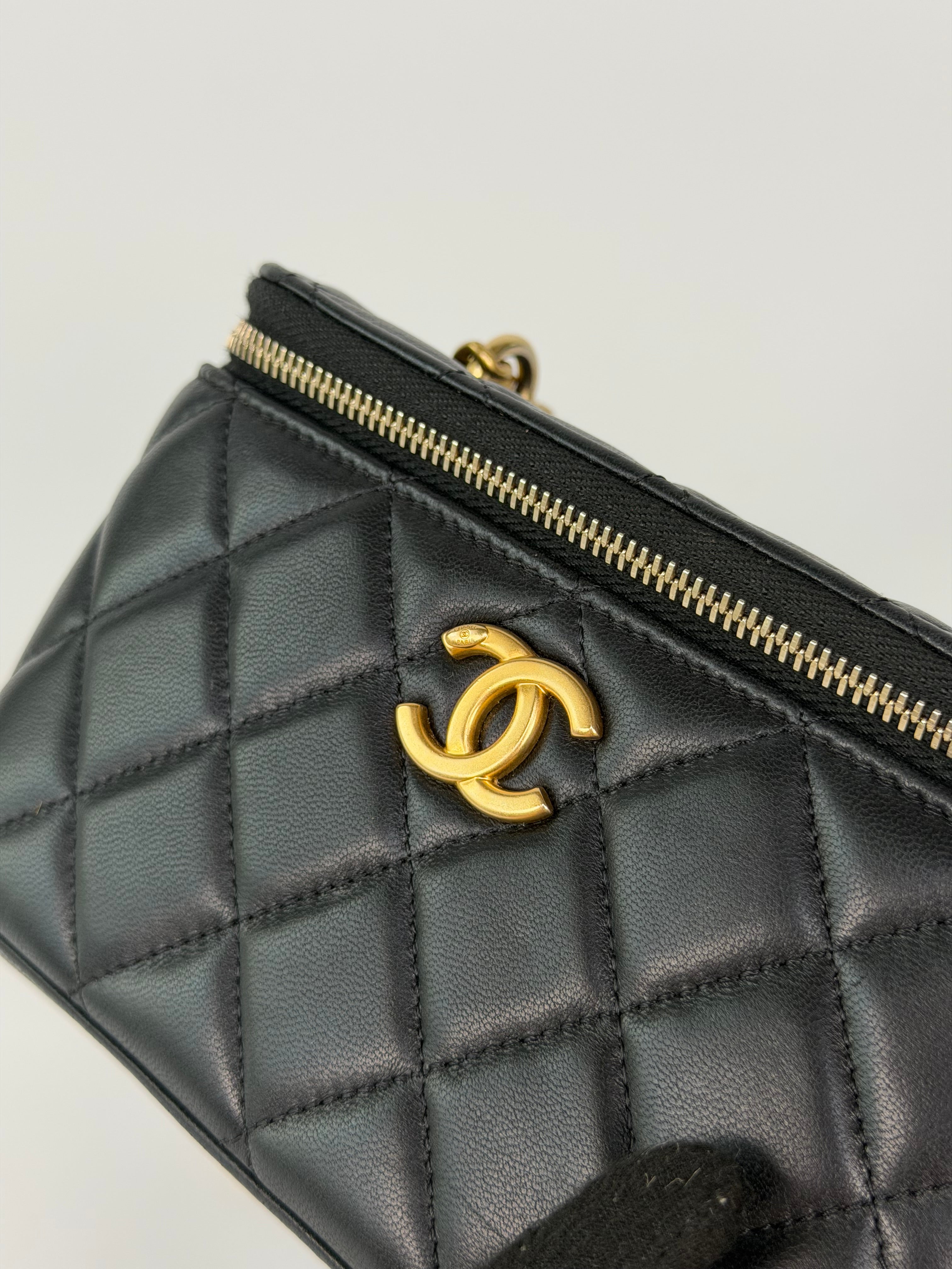 Chanel Quilted Pearl Crush Mini Vanity In Black Lambskin Leather With Gold Hardware