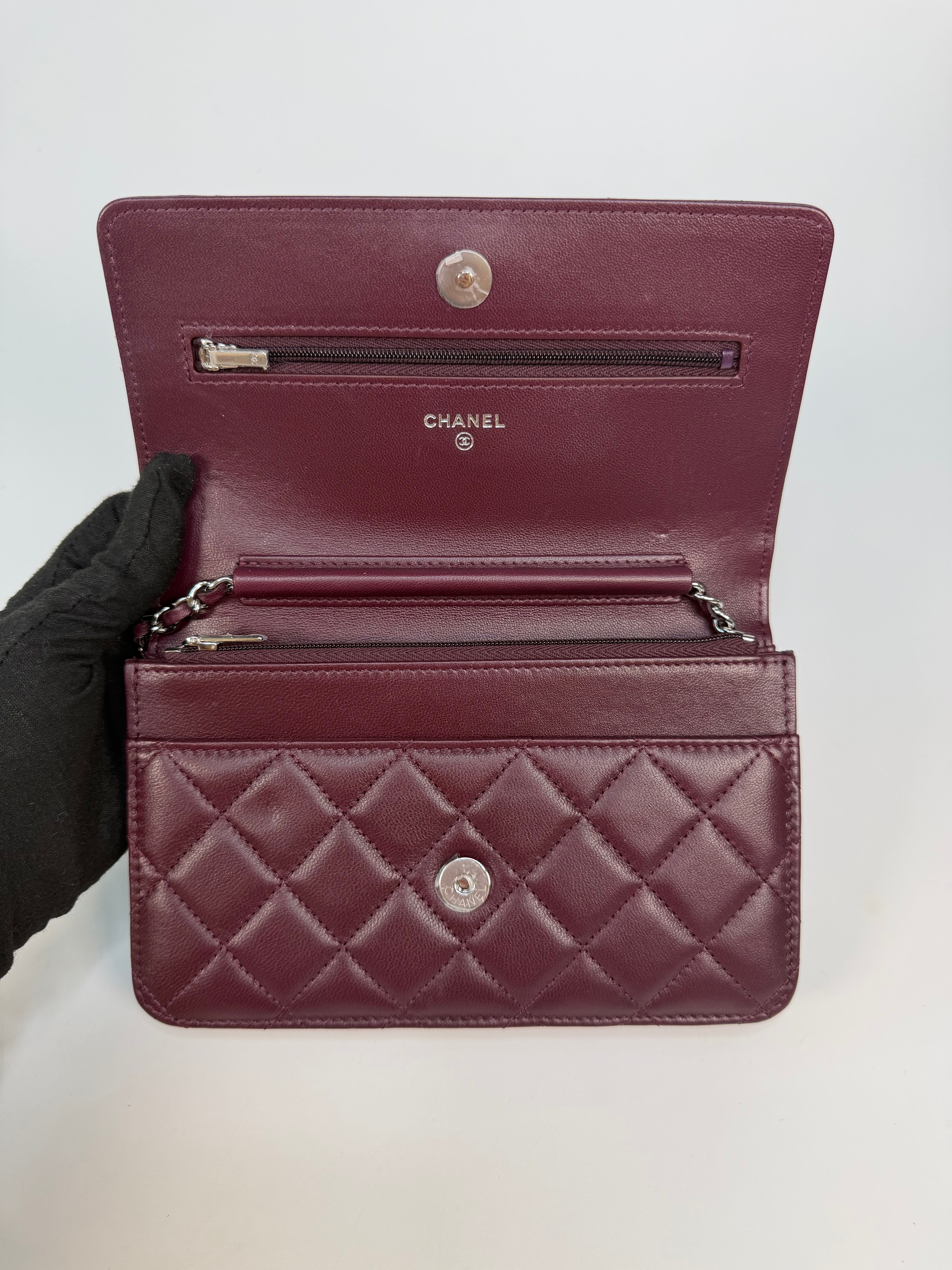 Chanel Wallet On Chain In Burgundy Lambskin With Silver Hardware. Authentic and preloved in excellent condition. 100% Guarantee