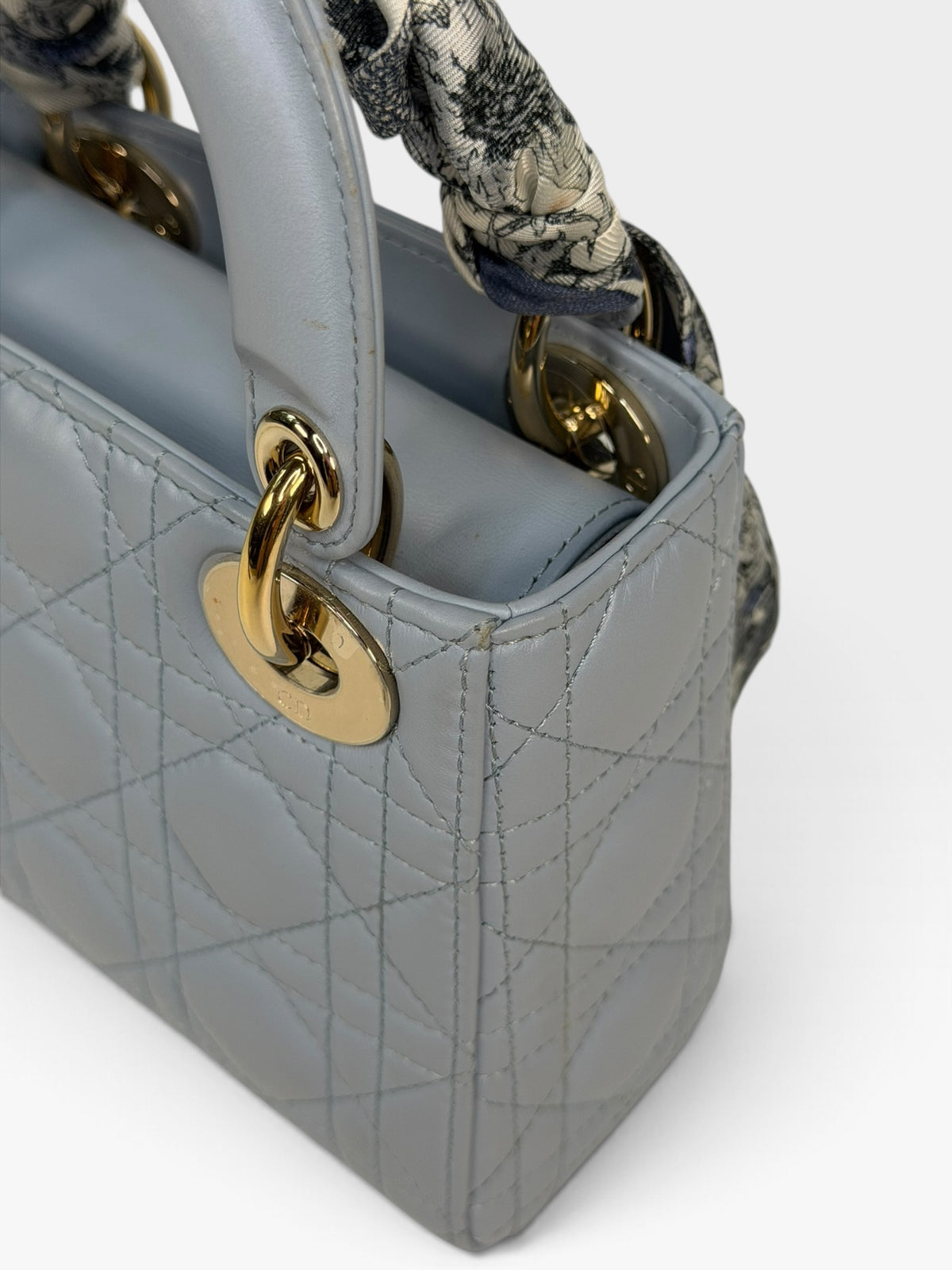 Christian Dior Mini Lady Dior In Pale Blue Cannage Leather With Pale Gold Hardware. 100% Authentic and Preloved in excellent condition. 100% Guarantee