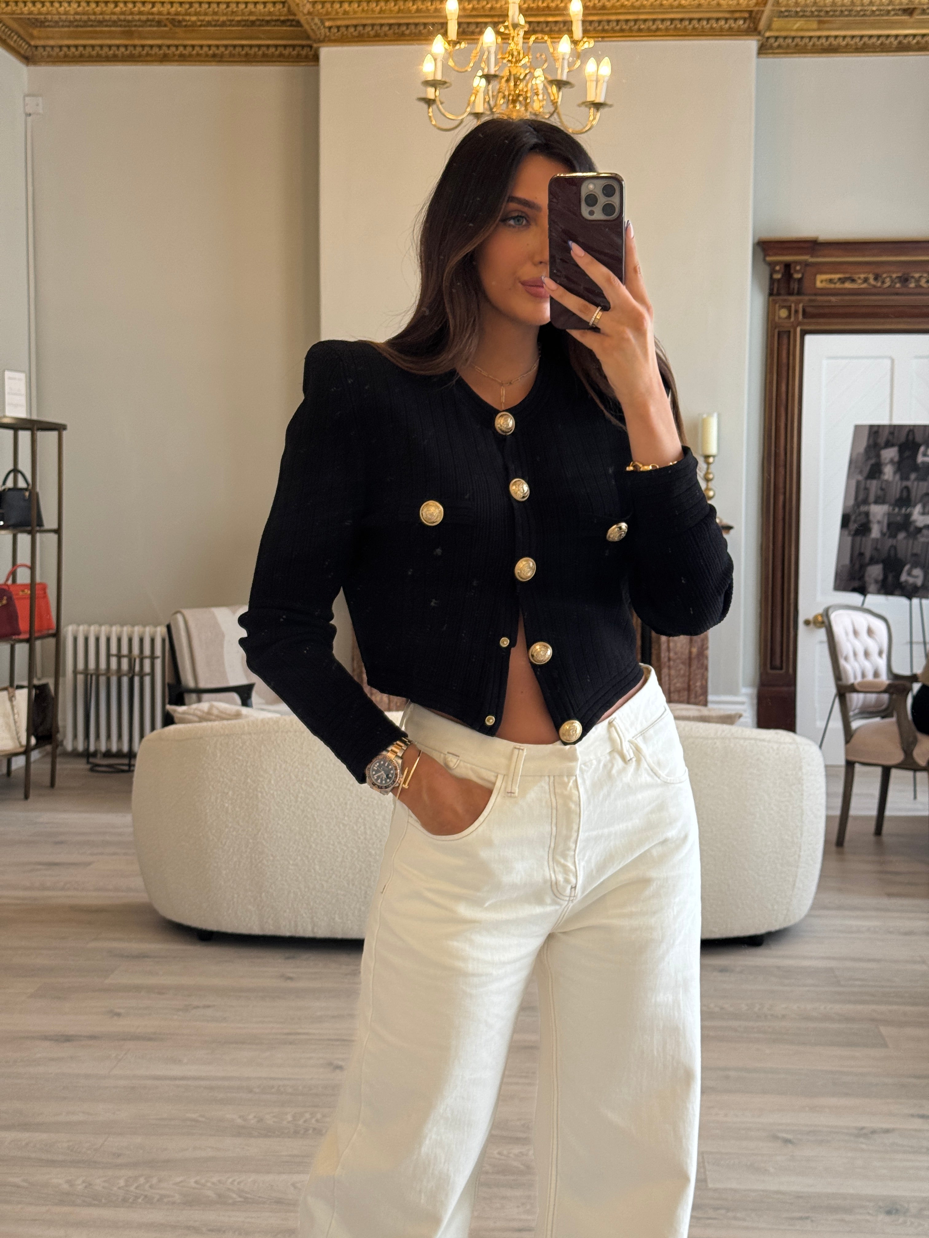 Balmain Black Cropped Jacquard-Knit Blazer (Size FR44)