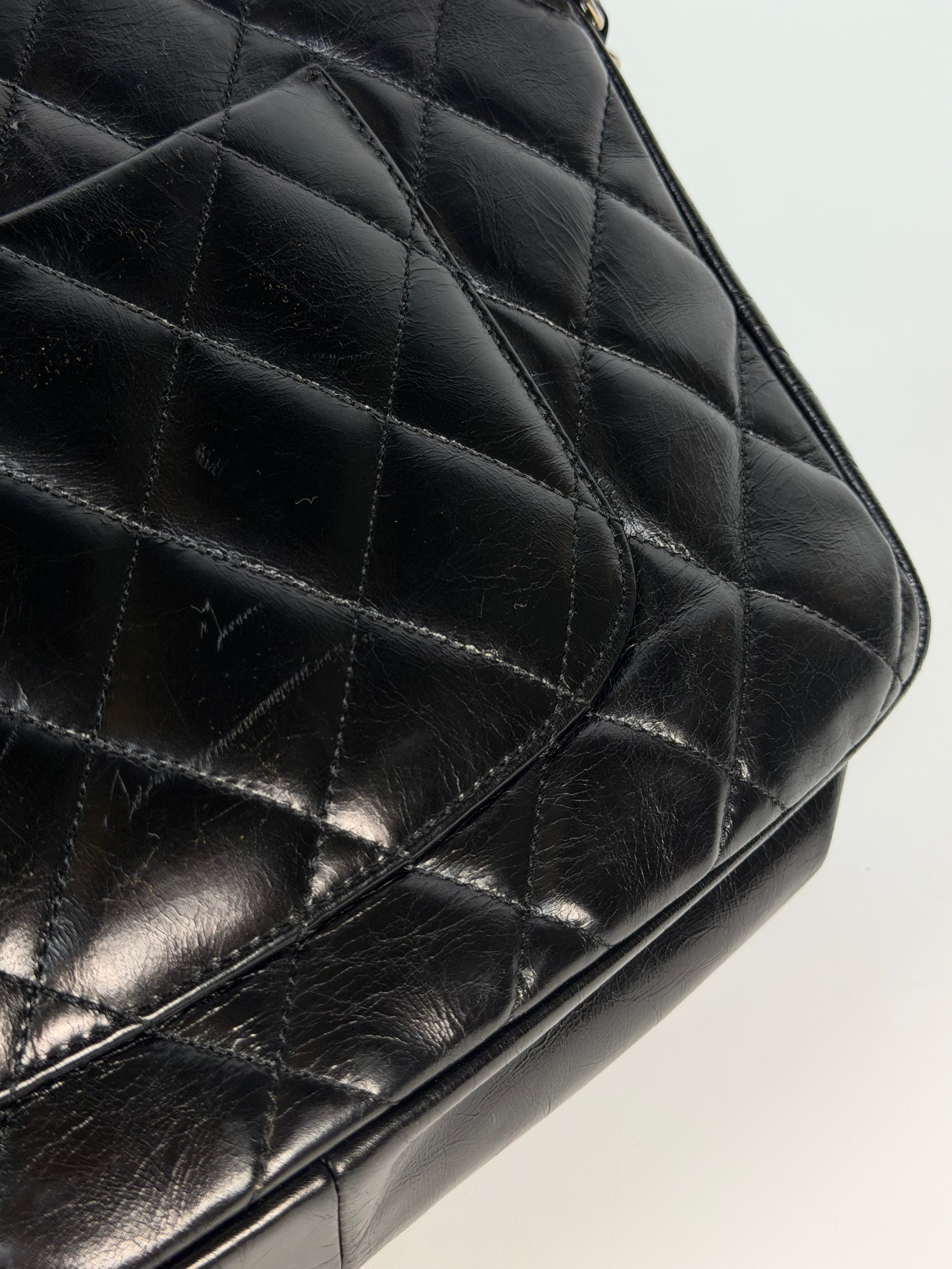 Chanel Delivery Top Handle Flap Bag In Black Calfskin Leather With Silver Hardware
