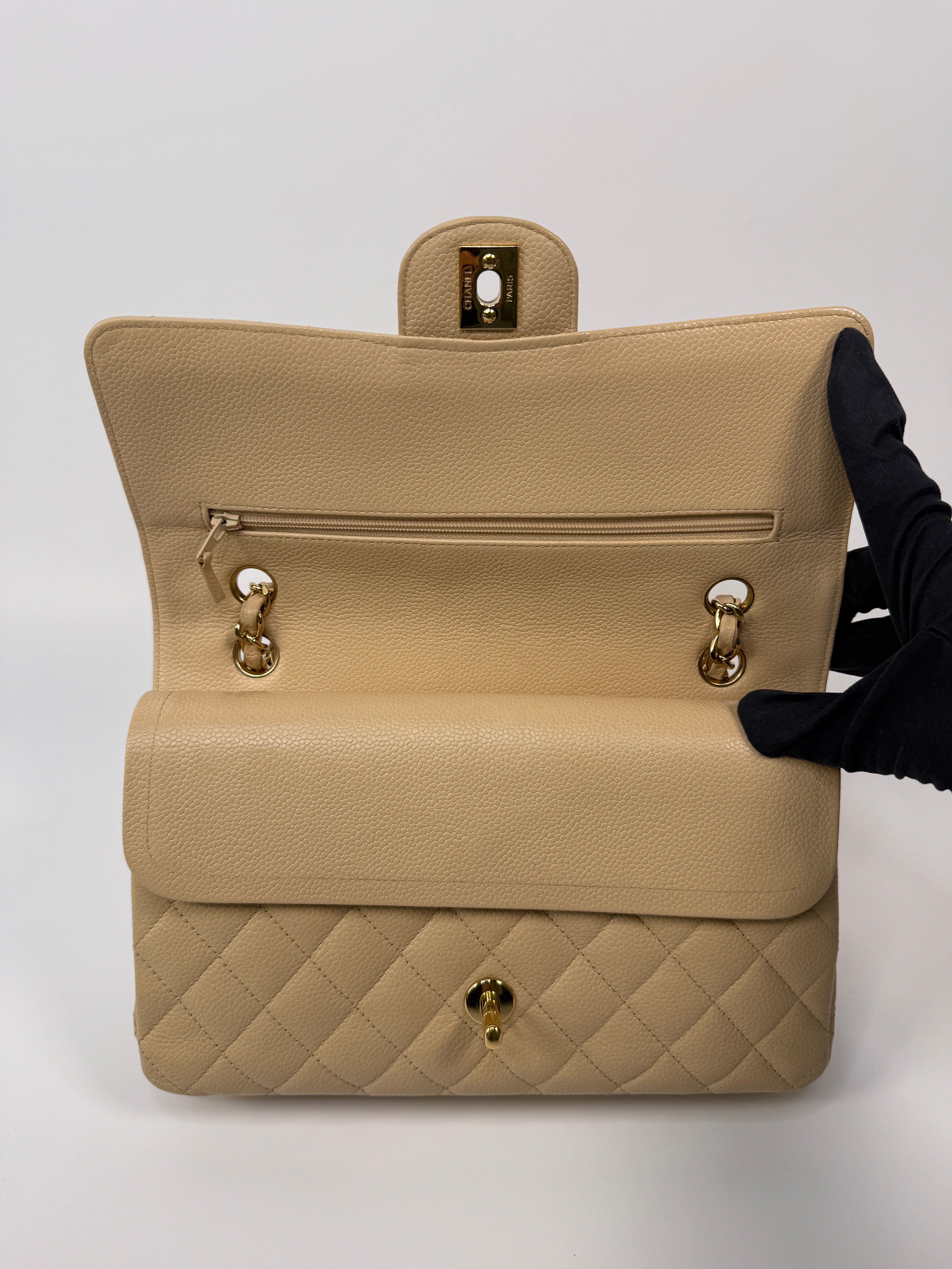 Chanel Medium Classic Double Flap Beige Caviar Leather With Gold Hardware
Pre Loved & Authentic
