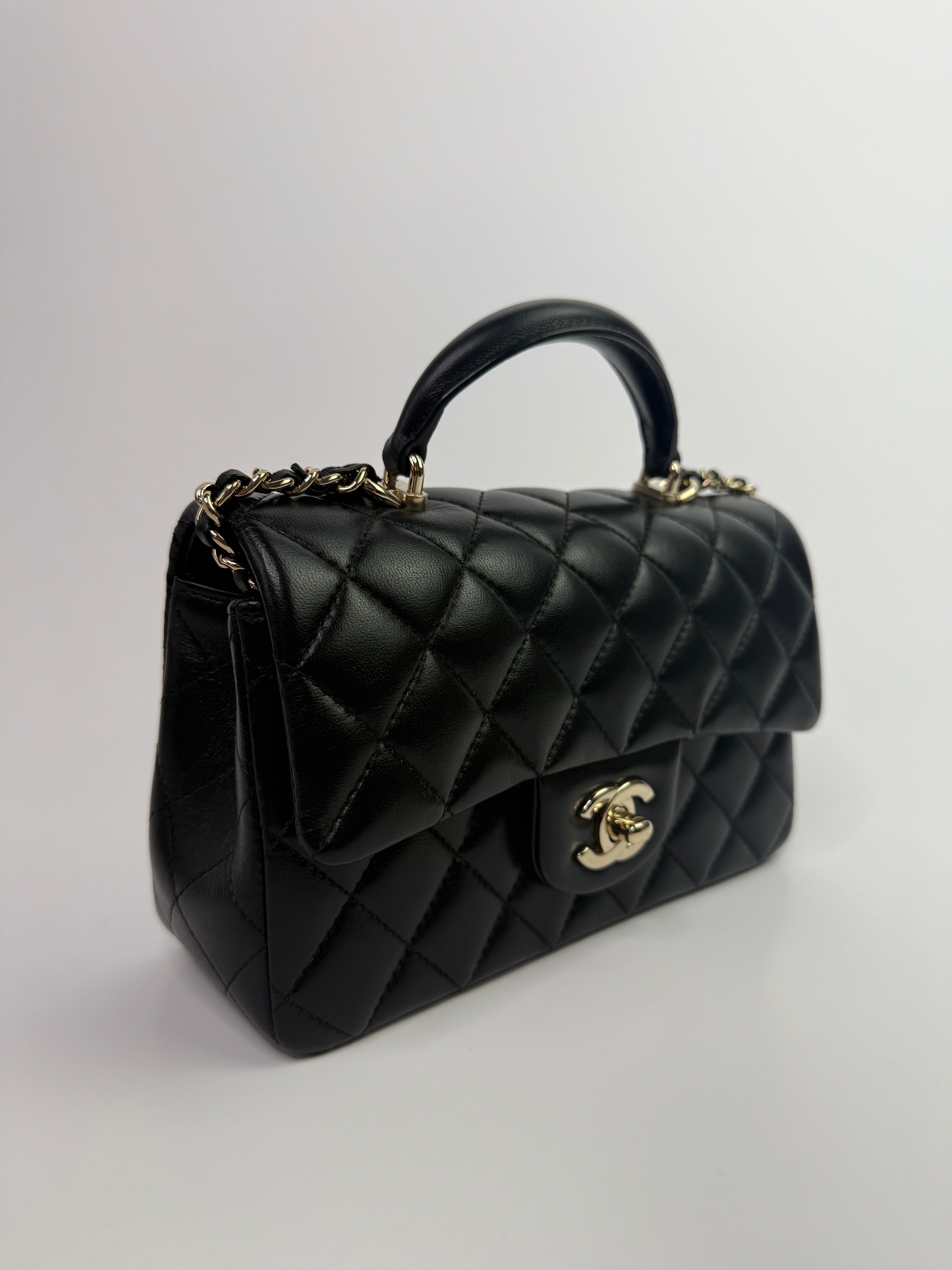 Chanel Mini Rectangle Top Handle In Black Lambskin With PGHW