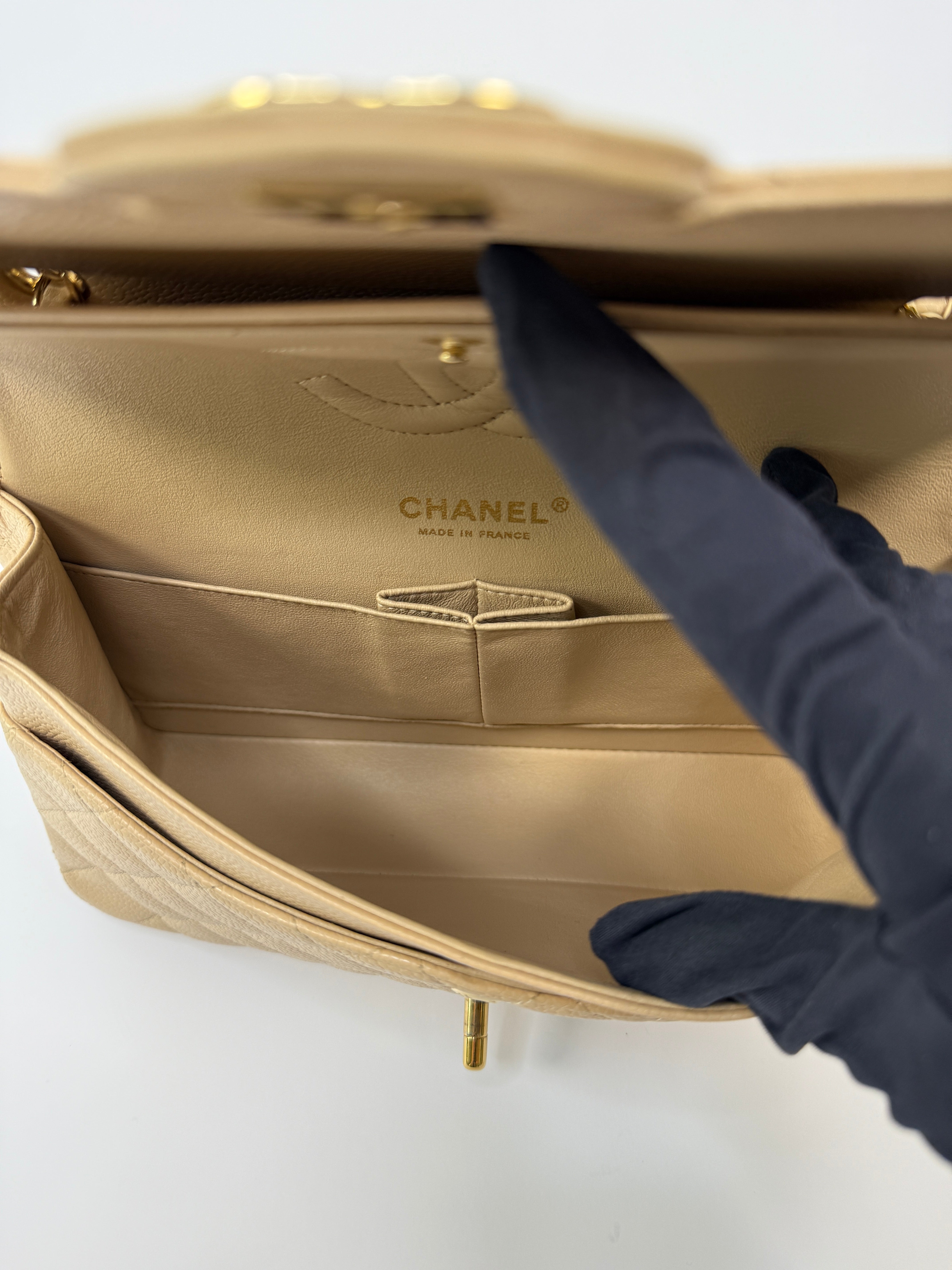 Chanel Medium Classic Double Flap Beige Caviar Leather With Gold Hardware
Pre Loved & Authentic