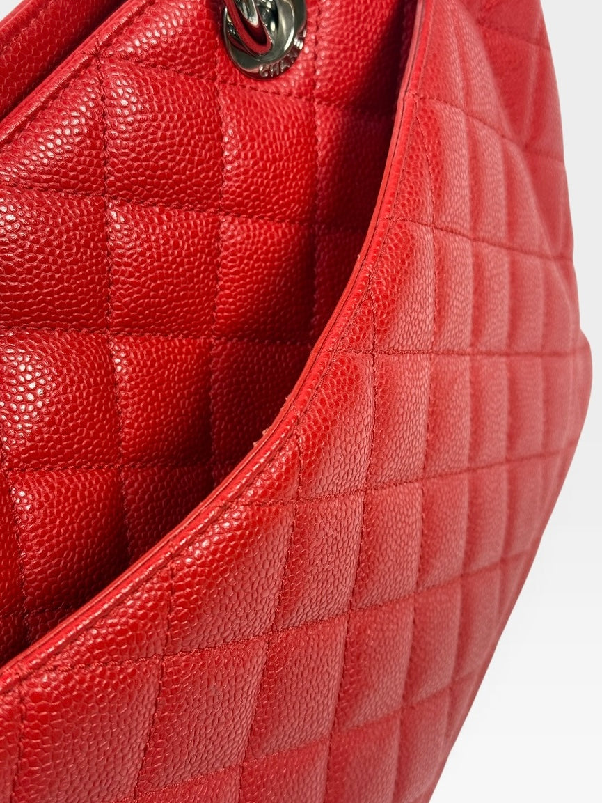 Chanel Grand Shopper Tote In Red Caviar Leather With Silver Hardware. 100% authentic and preloved in very good condition
