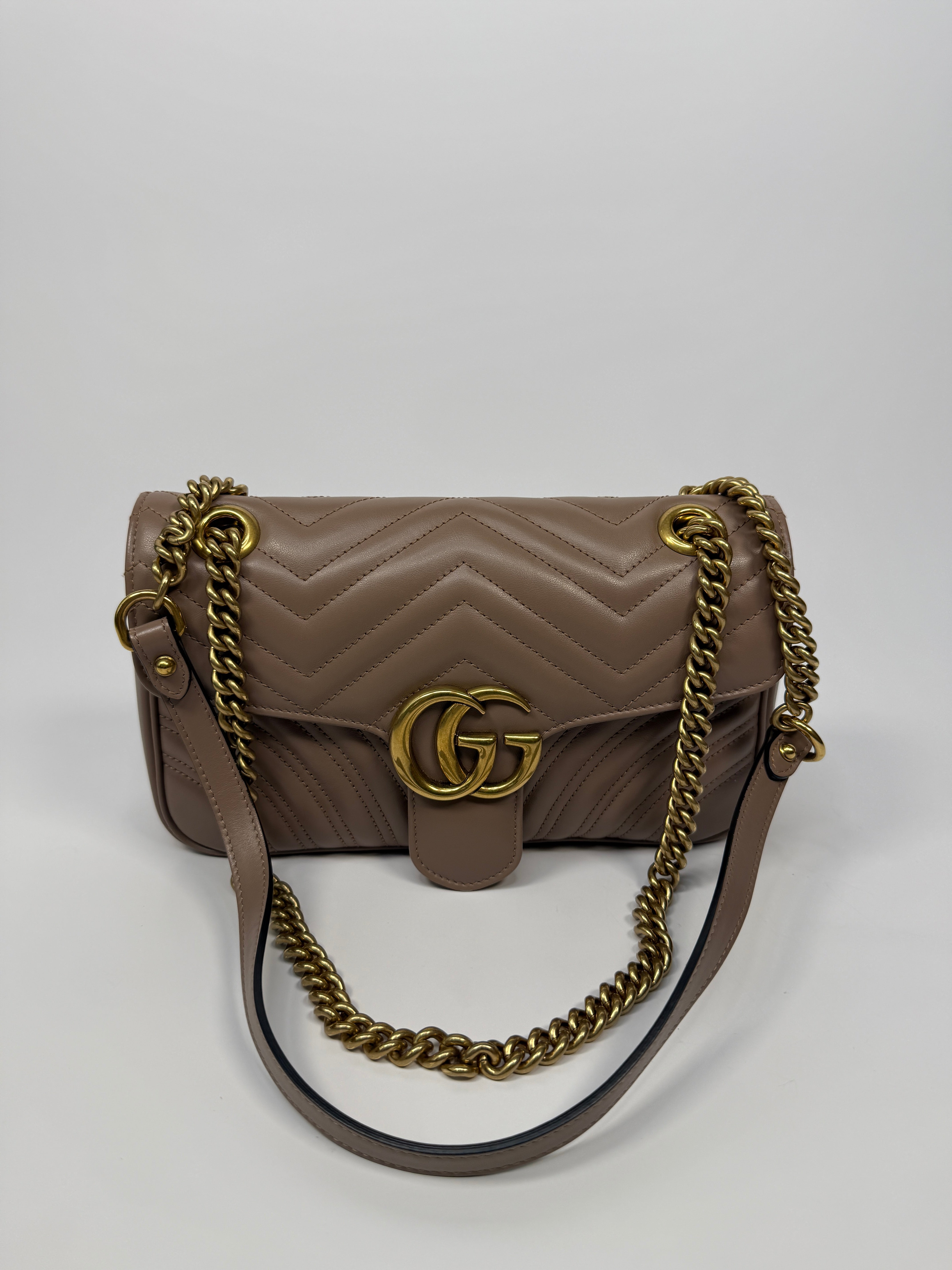 Gucci GG Medium Marmont Matelasse Shoulder Bag In Taupe Leather