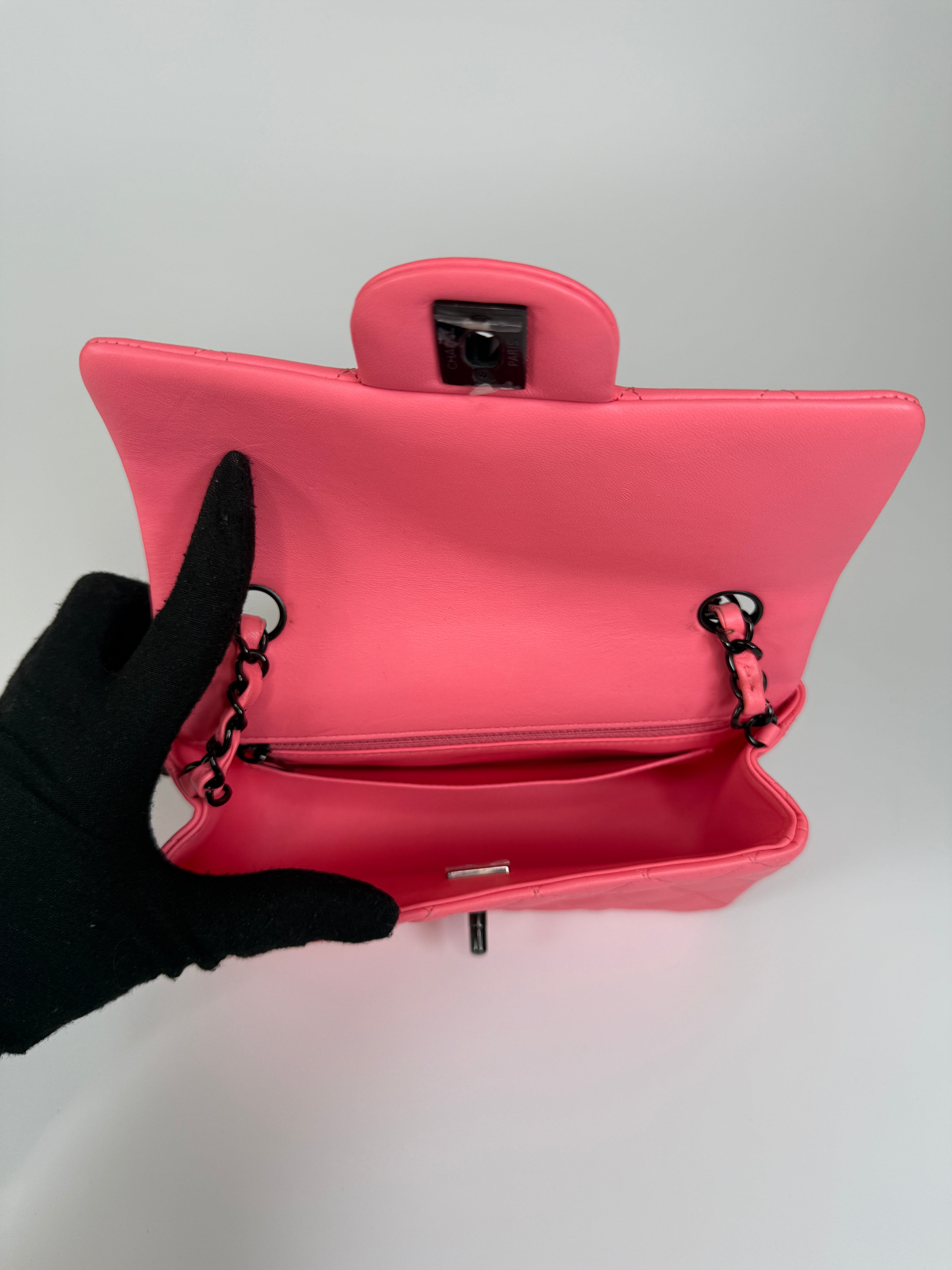 Chanel Mini Rectangle Flap Bag In Pink Lambskin With Black Hardware In Excellent Condition. Authentic and preloved.