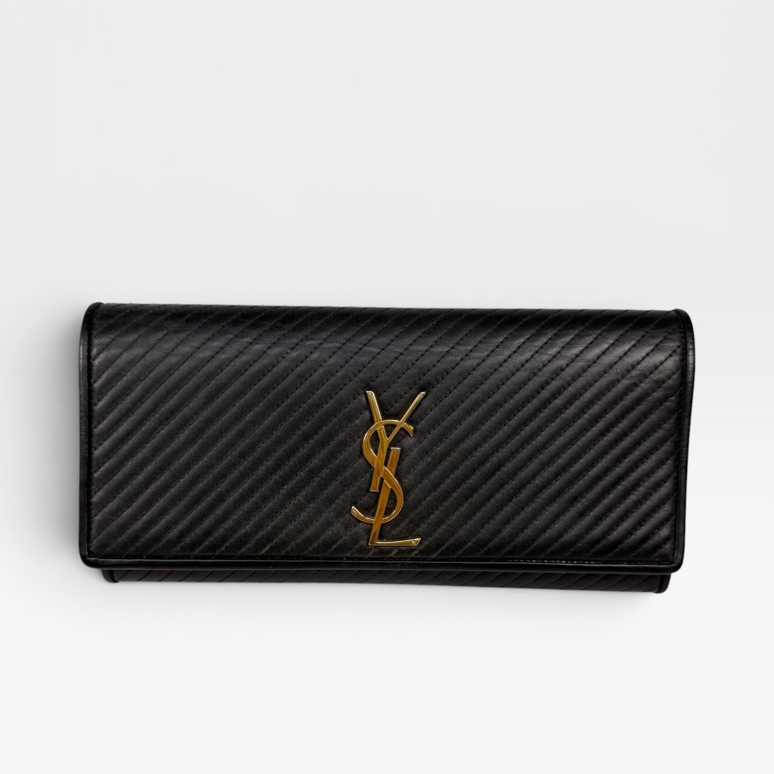 Saint Laurent Kate Long Clutch In Black Leather Gold Hardware. 100% authentic and preloved in very good condition