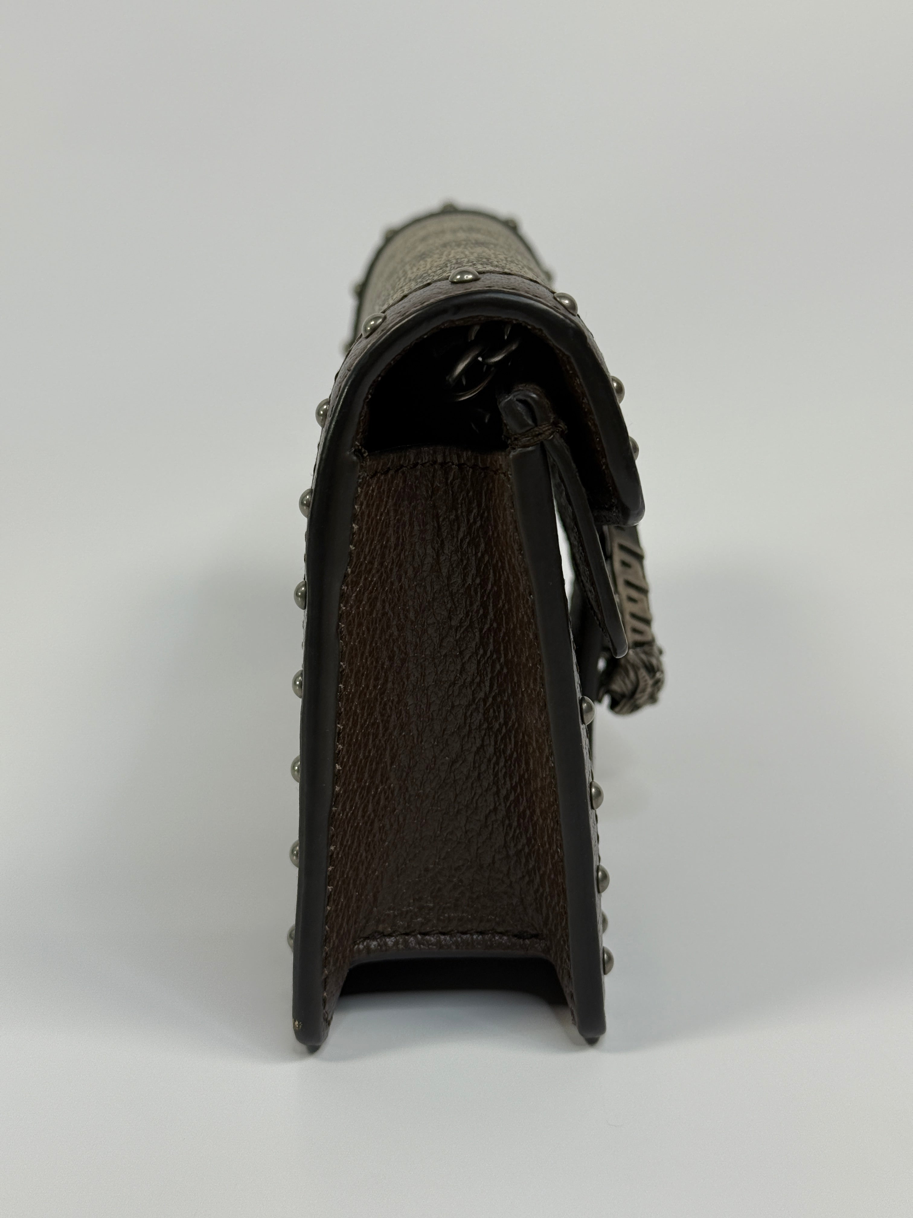 Gucci Mini GG Supreme Studs Dionysus Crossbody Bag In Brown Canvas with silver Hardware In Excellent Condition. Authentic and pre loved