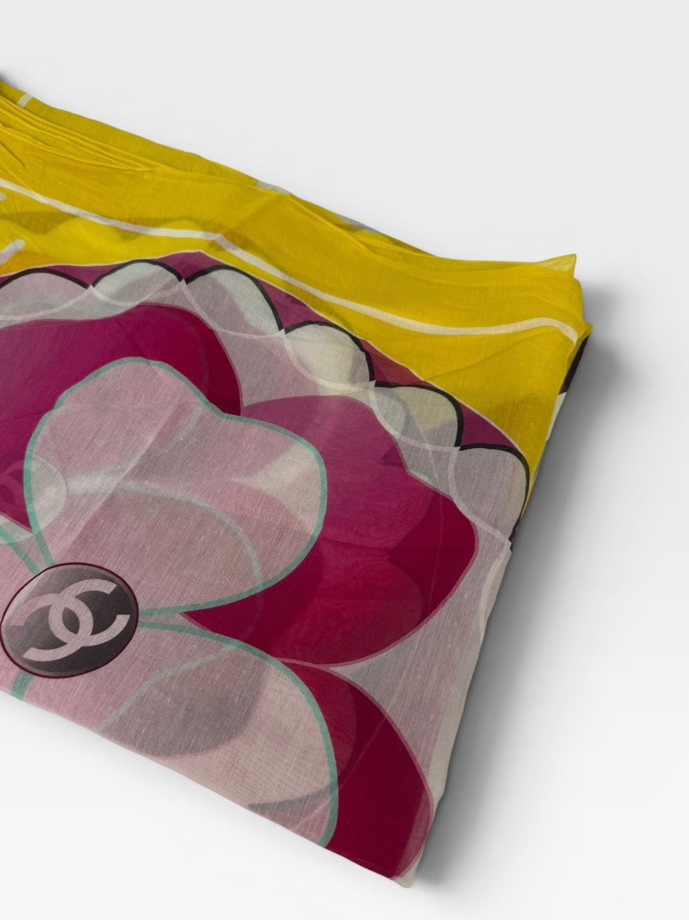 Chanel CC Floral Logo Shawl In Yellow Multicolour. 100% authentic and preloved in excellent condition