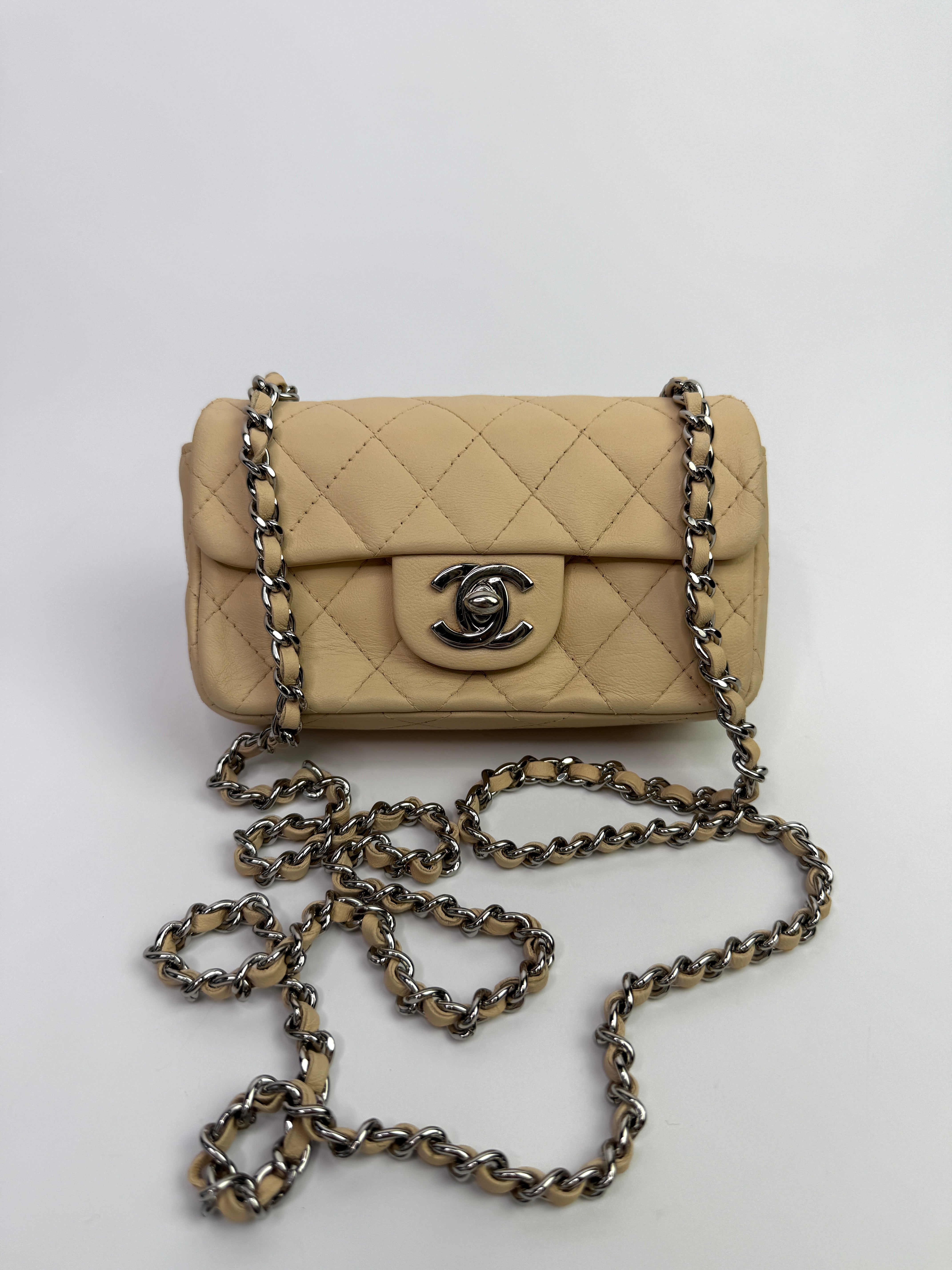 Chanel Super Mini Classic Flap Bag In Beige Lambskin With SHW