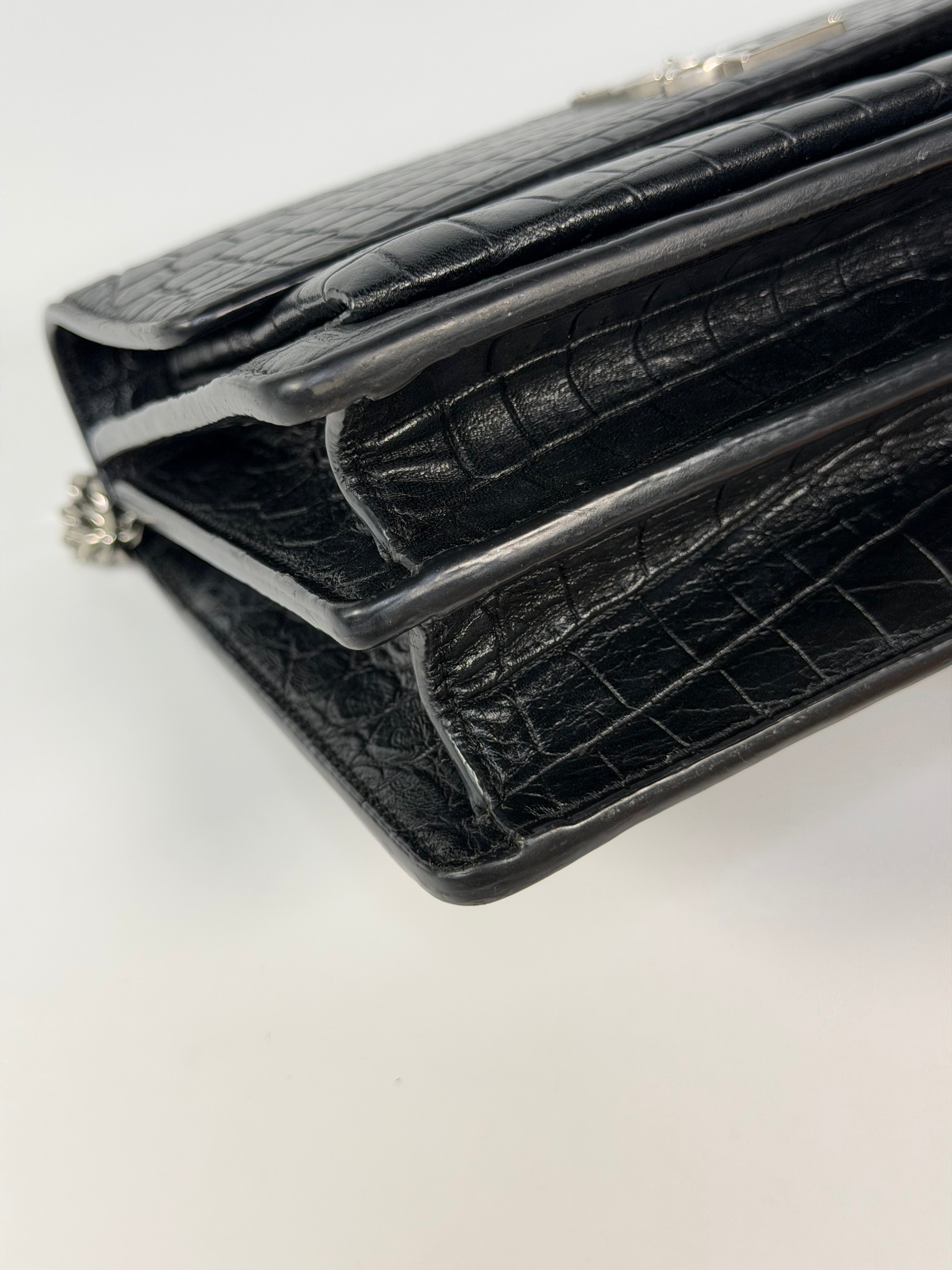 Saint Laurent Sunset Bag In Noir Croc Embossed Leather Silver Hardware. 100% authentic and preloved in very good condition.