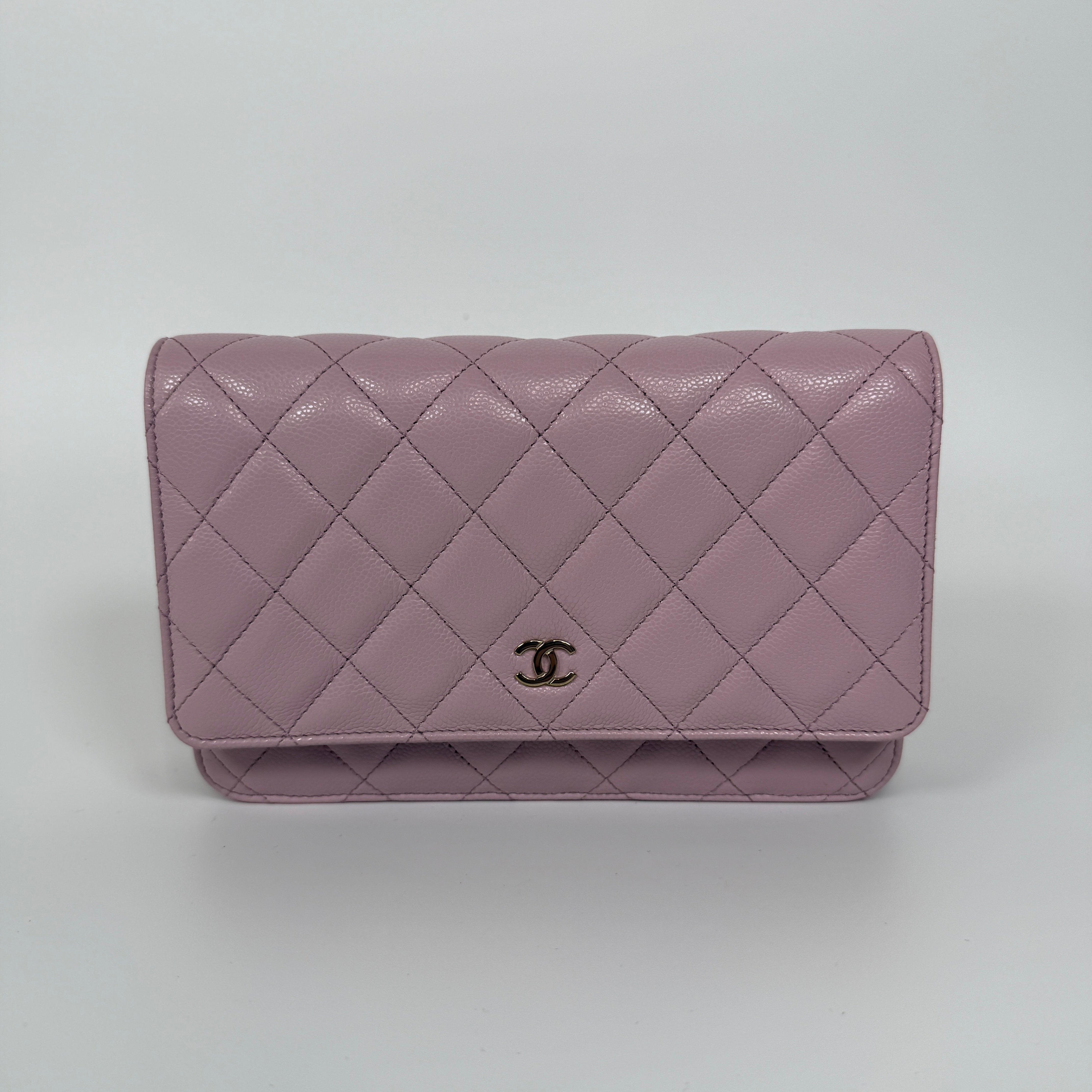 Chanel Wallet On Chain Pink Caviar Leather With Pale Gold Hardware. Authentic and preloved in excellent condition.