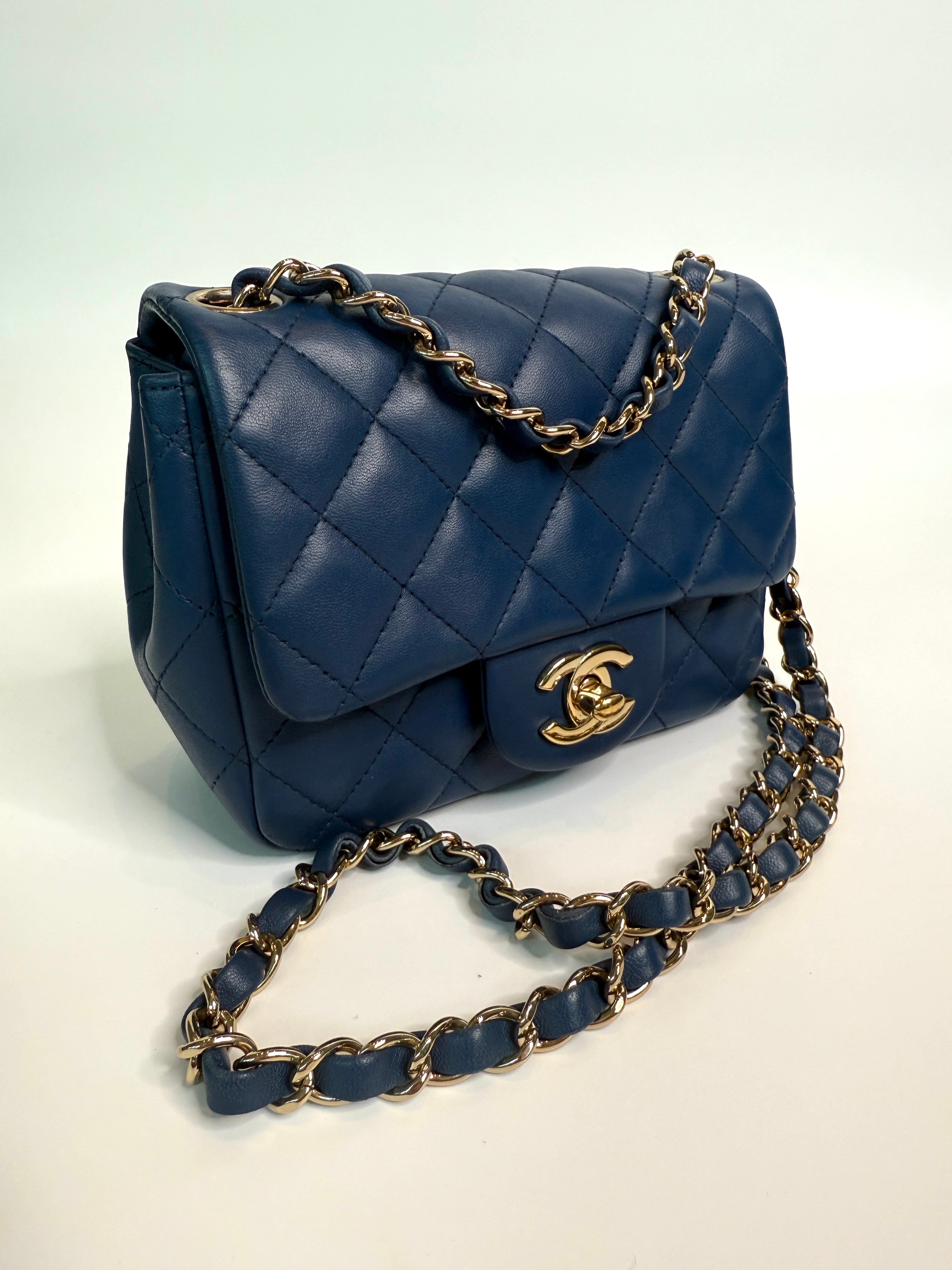 Chanel Mini Square In Navy Lambskin Leather With PGHW