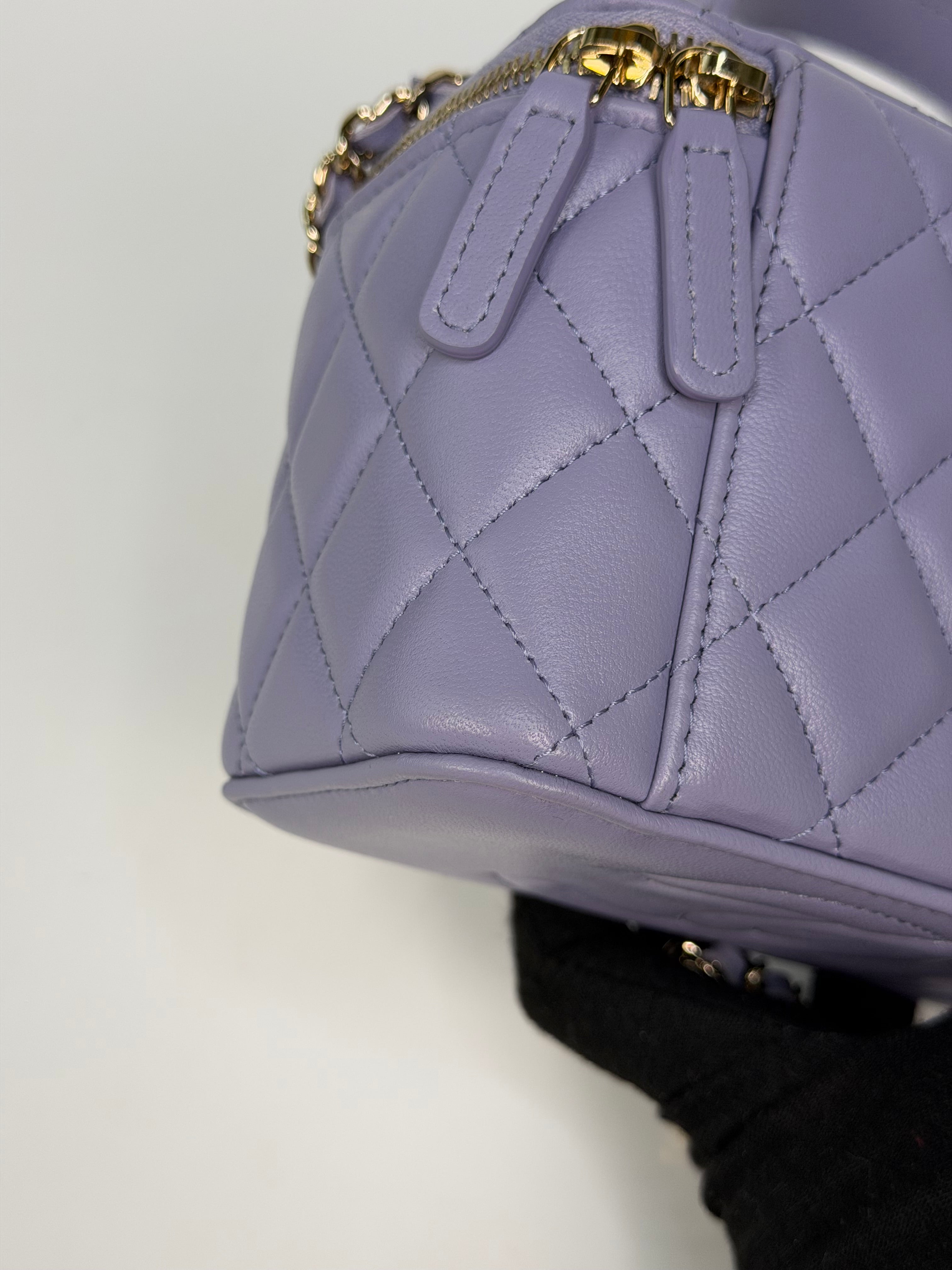 Chanel Mini Vanity Top Handle In Lilac Lambskin Leather With Gold Hardware. Authentic and preloved in excellent condition