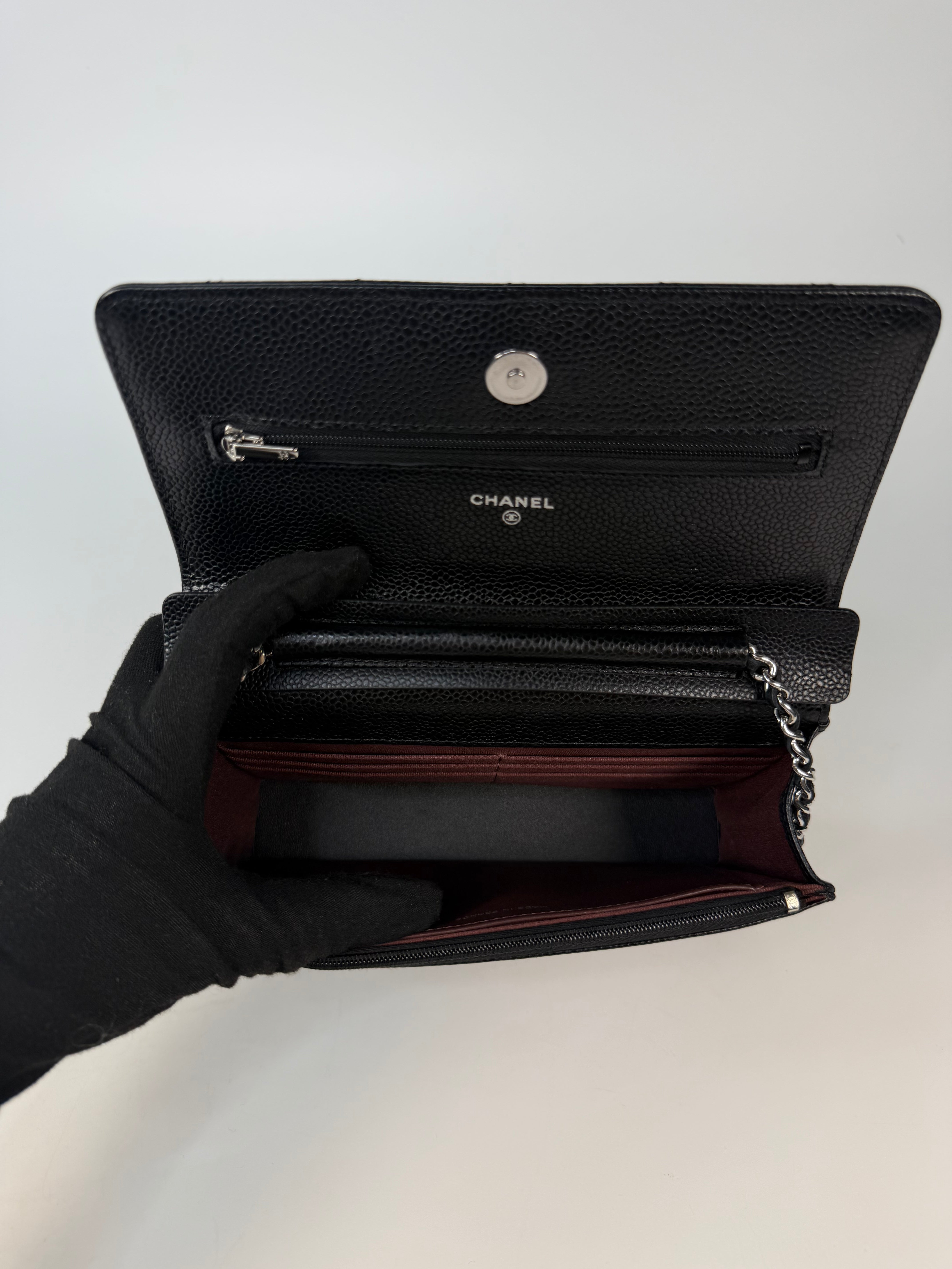 Chanel Wallet On Chain In Black Caviar With Silver Hardware in excellent condition 100% authentic and preloved