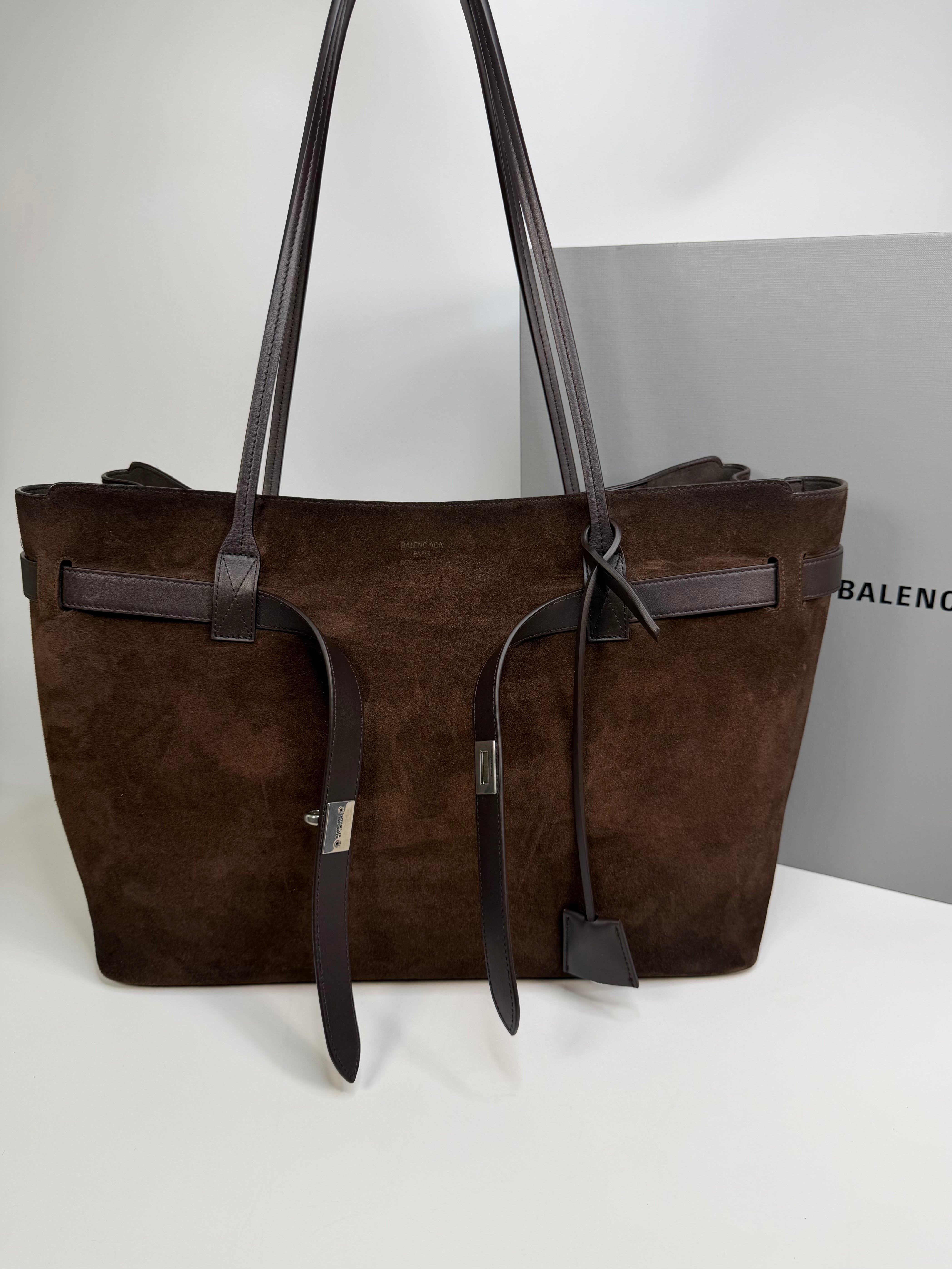 Balenciaga Bel Air Tote In Light Espresso Suede Calfskin With Silver Hardware. Authentic and preloved in excellent condition