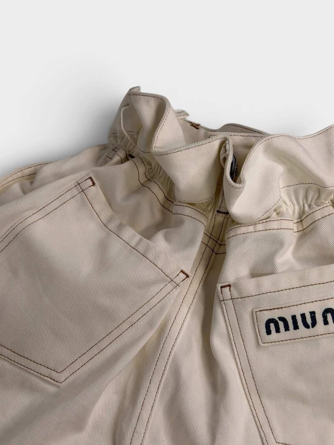 Miu Miu Paperbag Waist Shorts In Cream Denim (Size 38/UK6) 100% authentic and preloved in excellent condition