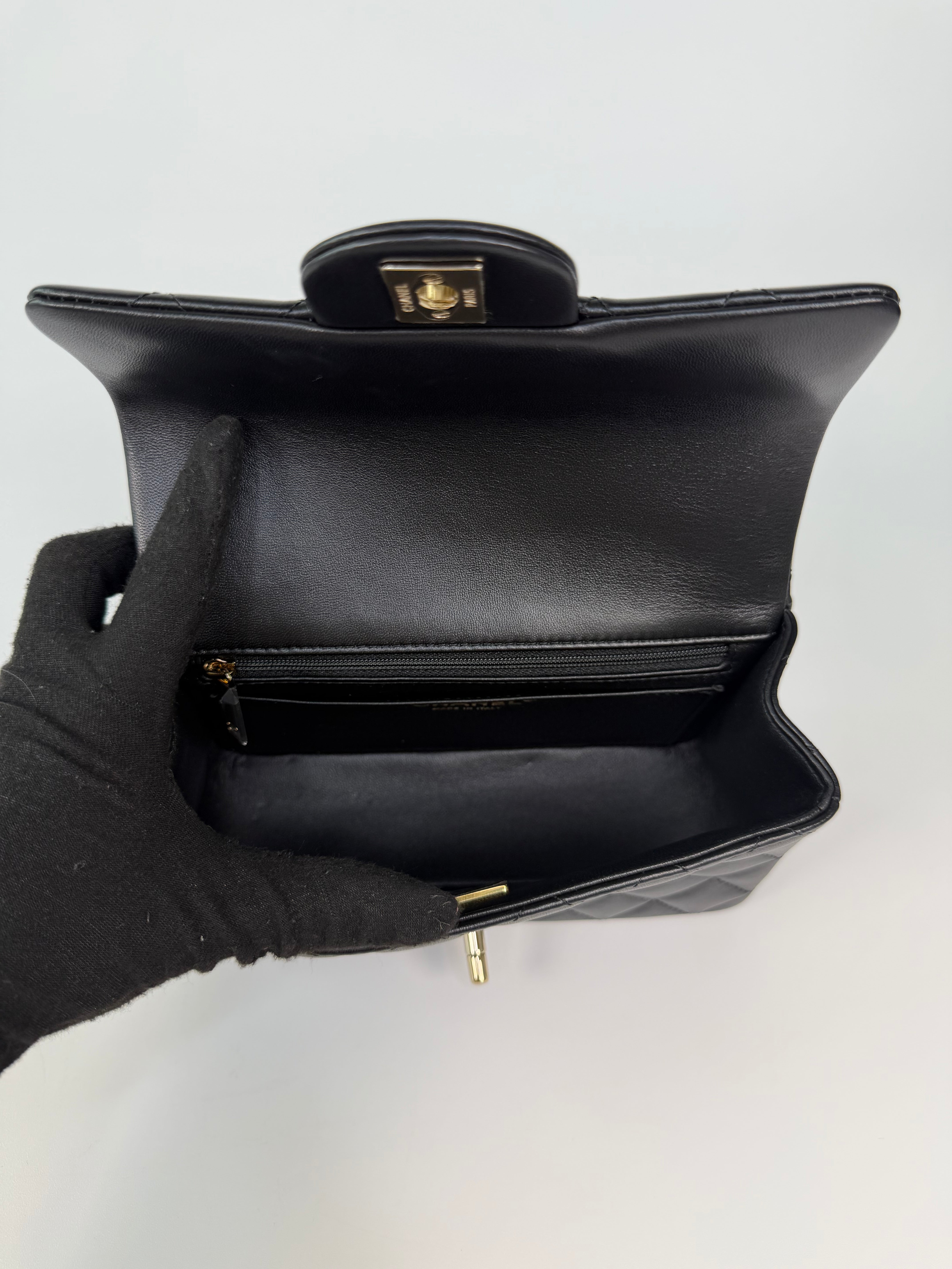 Chanel Mini Rectangle Top Handle In Black Lambskin Leather With Pale Gold Hardware