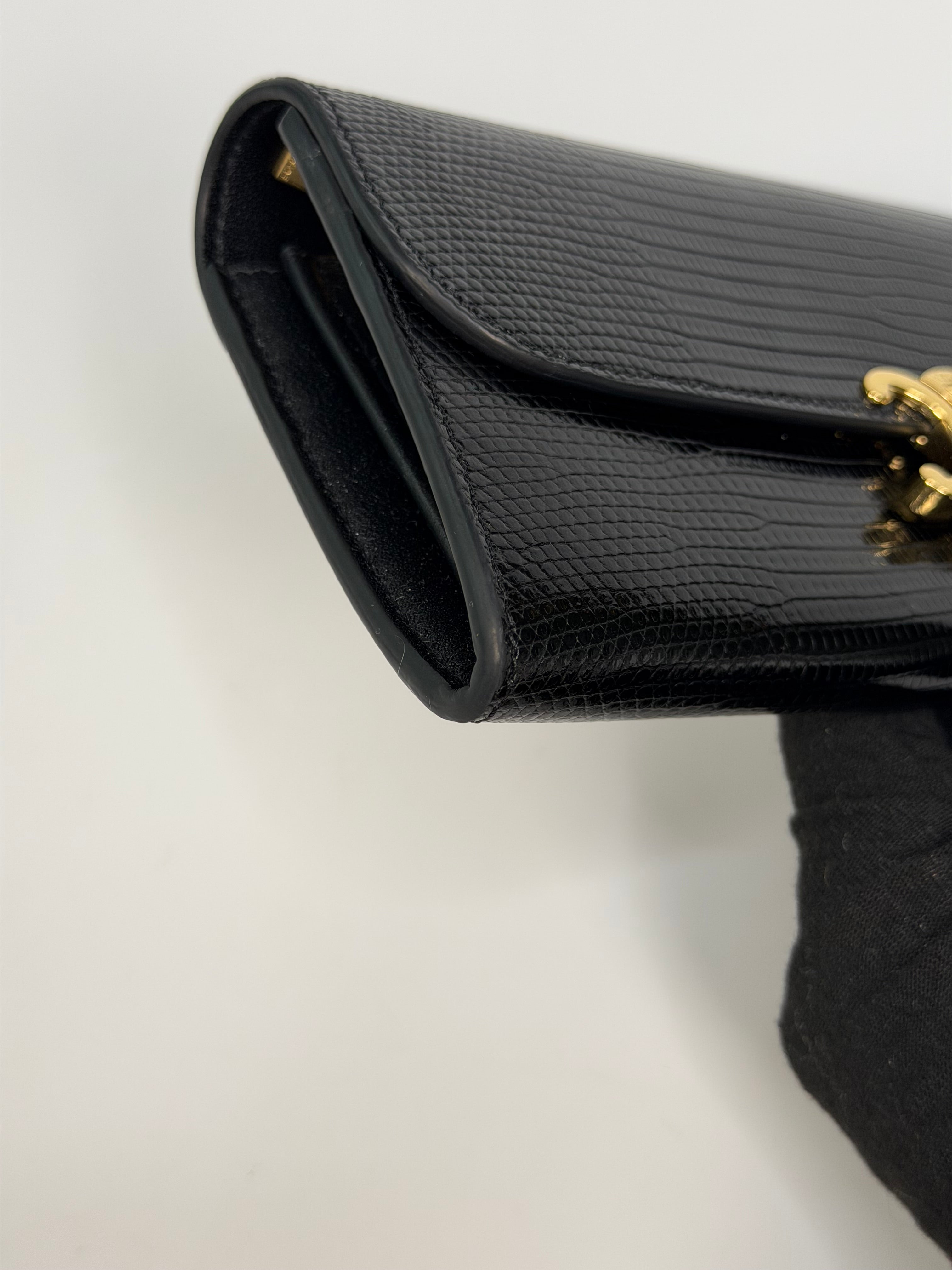Celine Triomphe Wallet In Black Lizard Embossed Calfskin Gold Hardware. Authentic and preloved in excellent condition