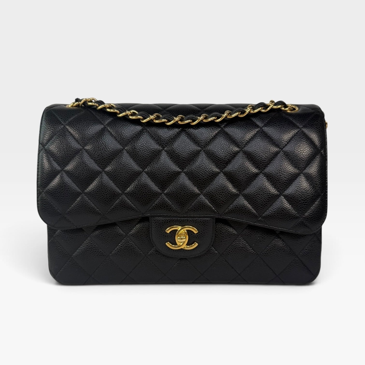 Chanel Jumbo Classic Flap Bag In Black Caviar Leather With Gold Hardware 100% authentic and preloved in excellent condition