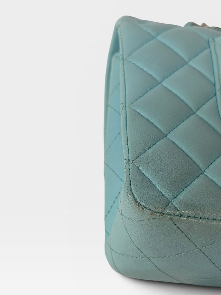 Chanel Medium Double Classic Flap Light Blue Silver Hardware. Authentic and preloved in good condition.
