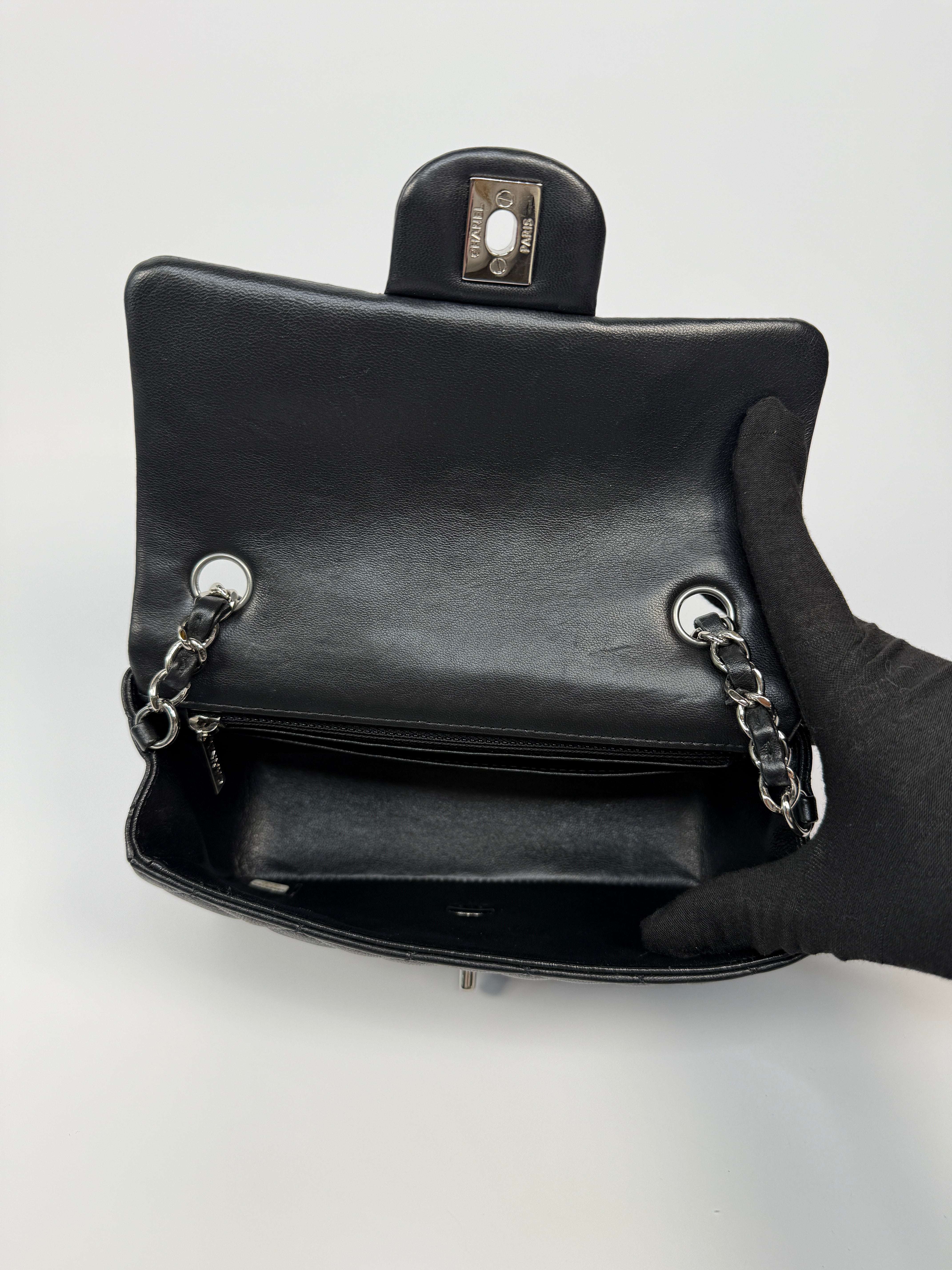 Chanel Mini Rectangle In Black Lambskin Silver hardware, authentic and preloved in very good condition