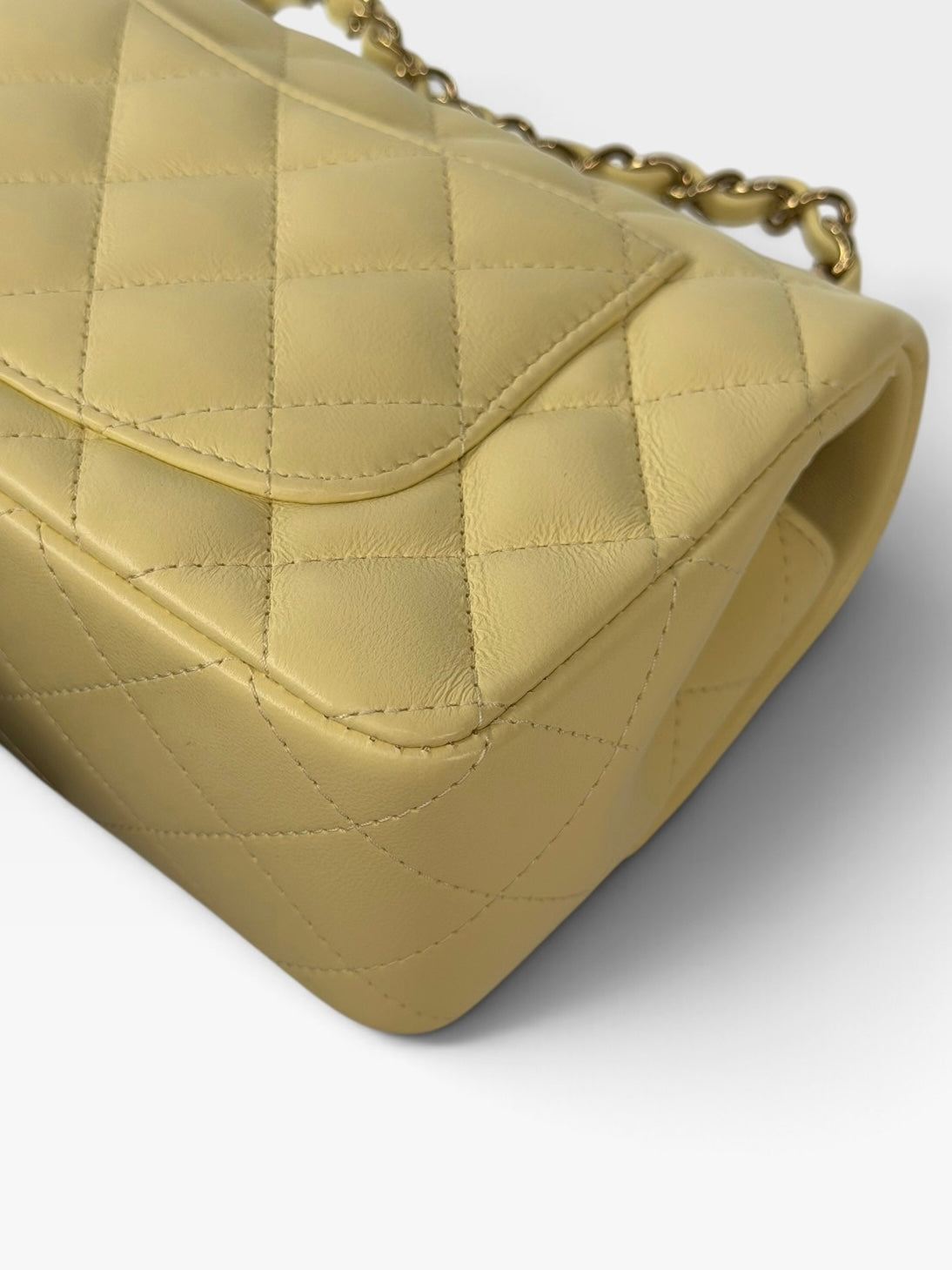 Chanel Mini Rectangle In Yellow Lambskin Leather With Gold Hardware. 100% authentic and preloved in excellent condition