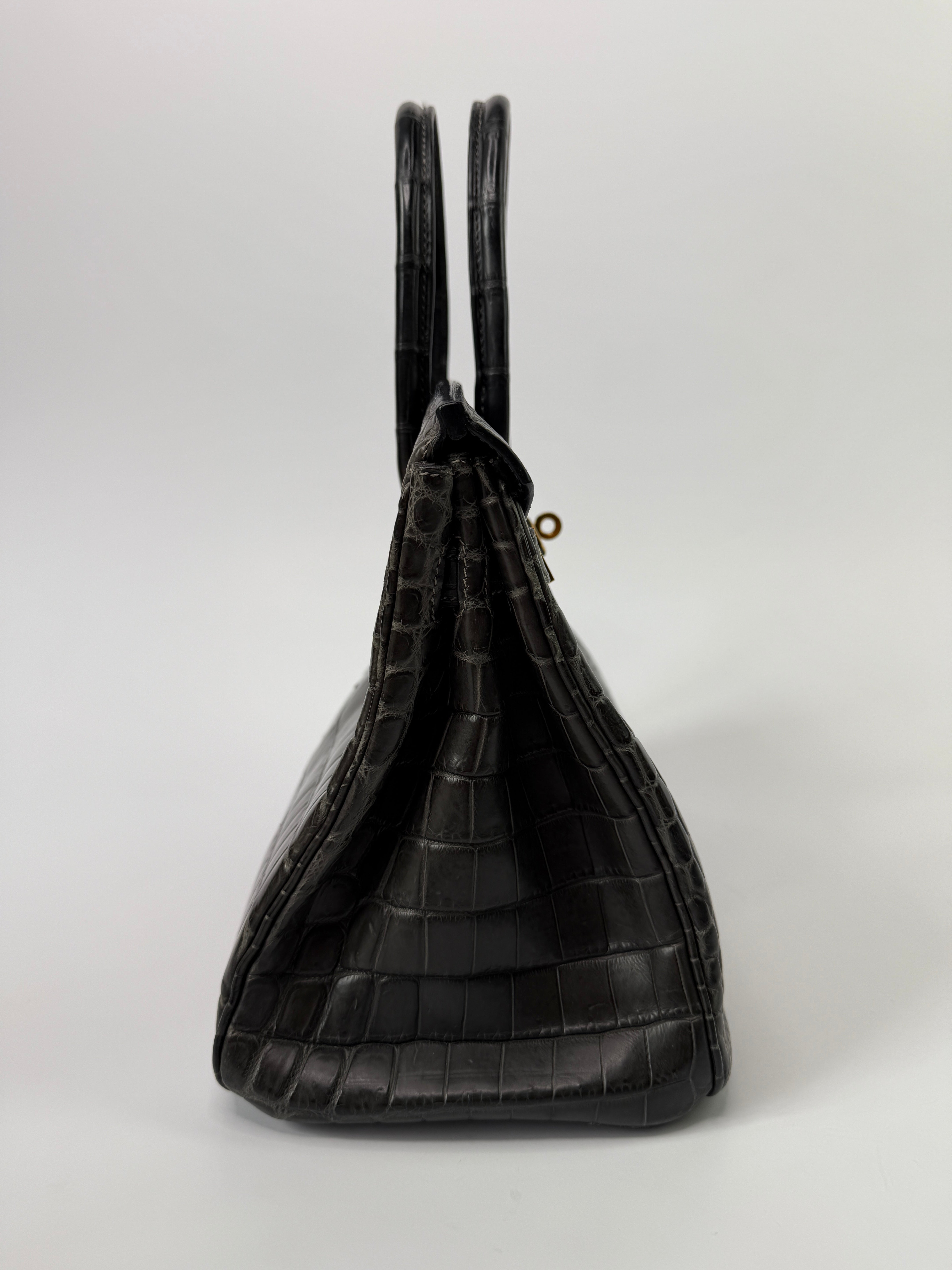 Authentic Pre Loved Hermès Birkin 30 In Matte Graphite Crocodile With Gold Hardware Excellent Condition