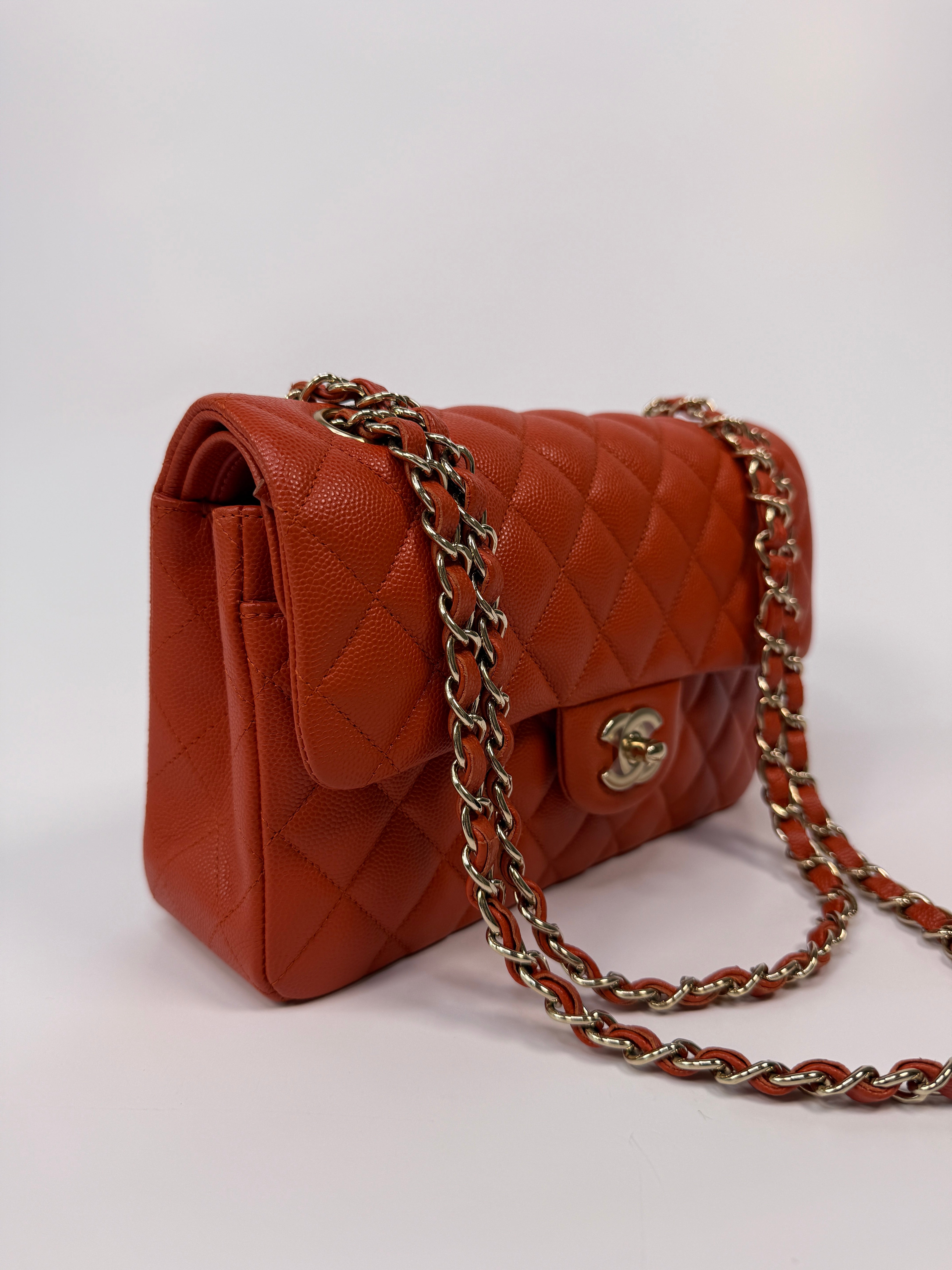 Chanel Small Classic Double Flap In Orange/Red Caviar Leather With PGHW