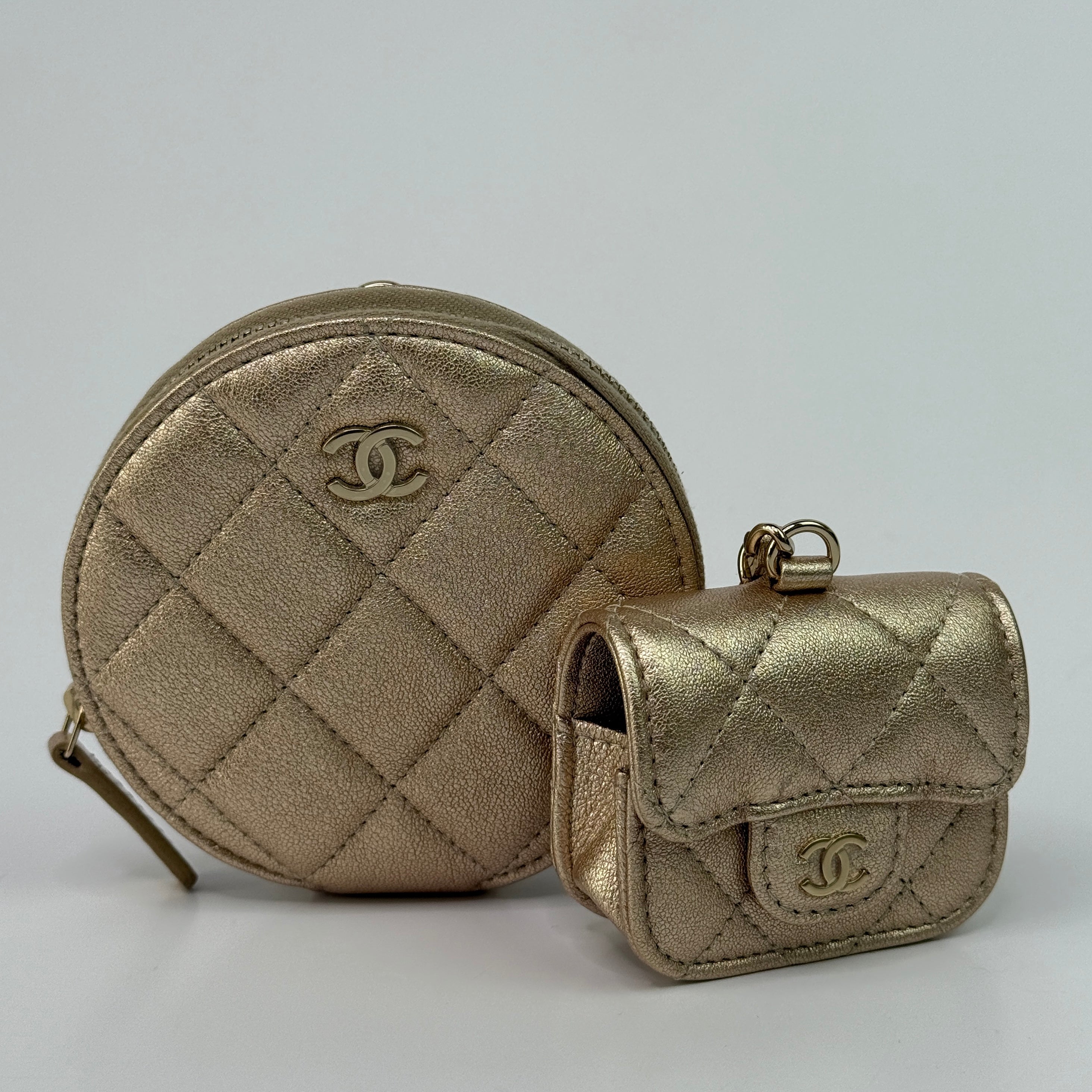 Chanel Metallic Lambskin Round Purse and AirPods Case
