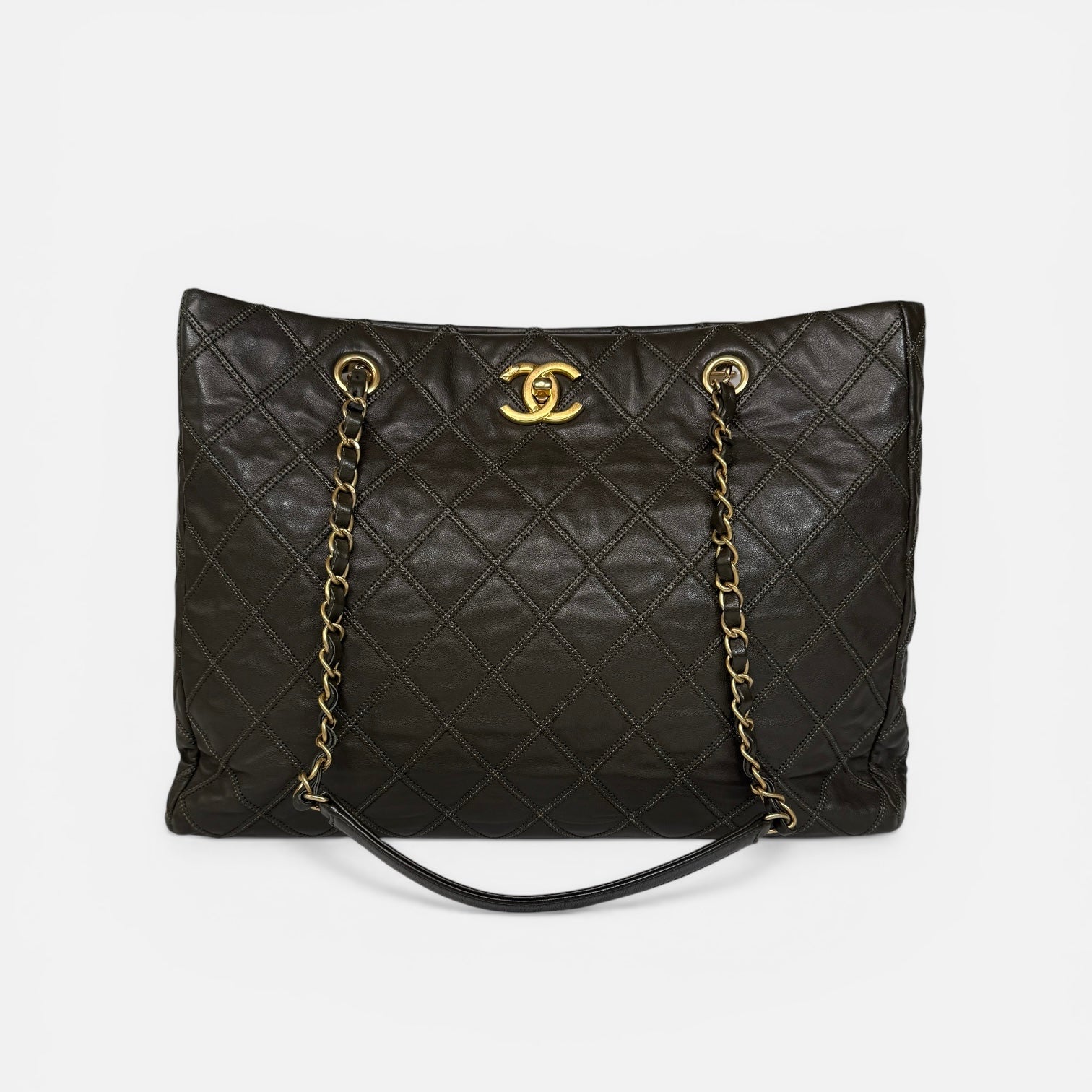 Chanel Dark Green Lambskin Leather Tote Bag With Gold Hardware