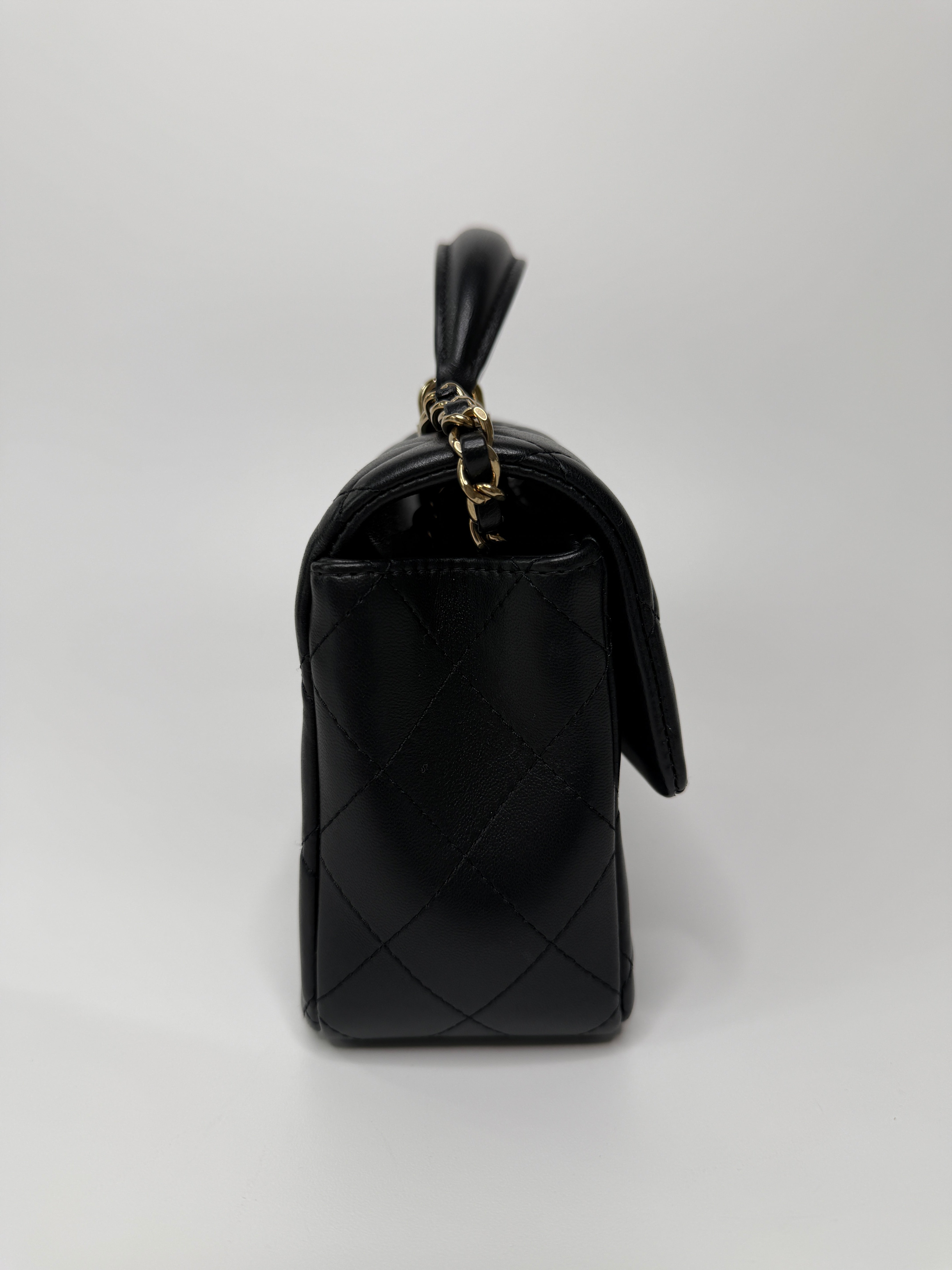 Chanel Mini Rectangle Top Handle Flap Bag In Black Lambskin With Pale Gold Hardware