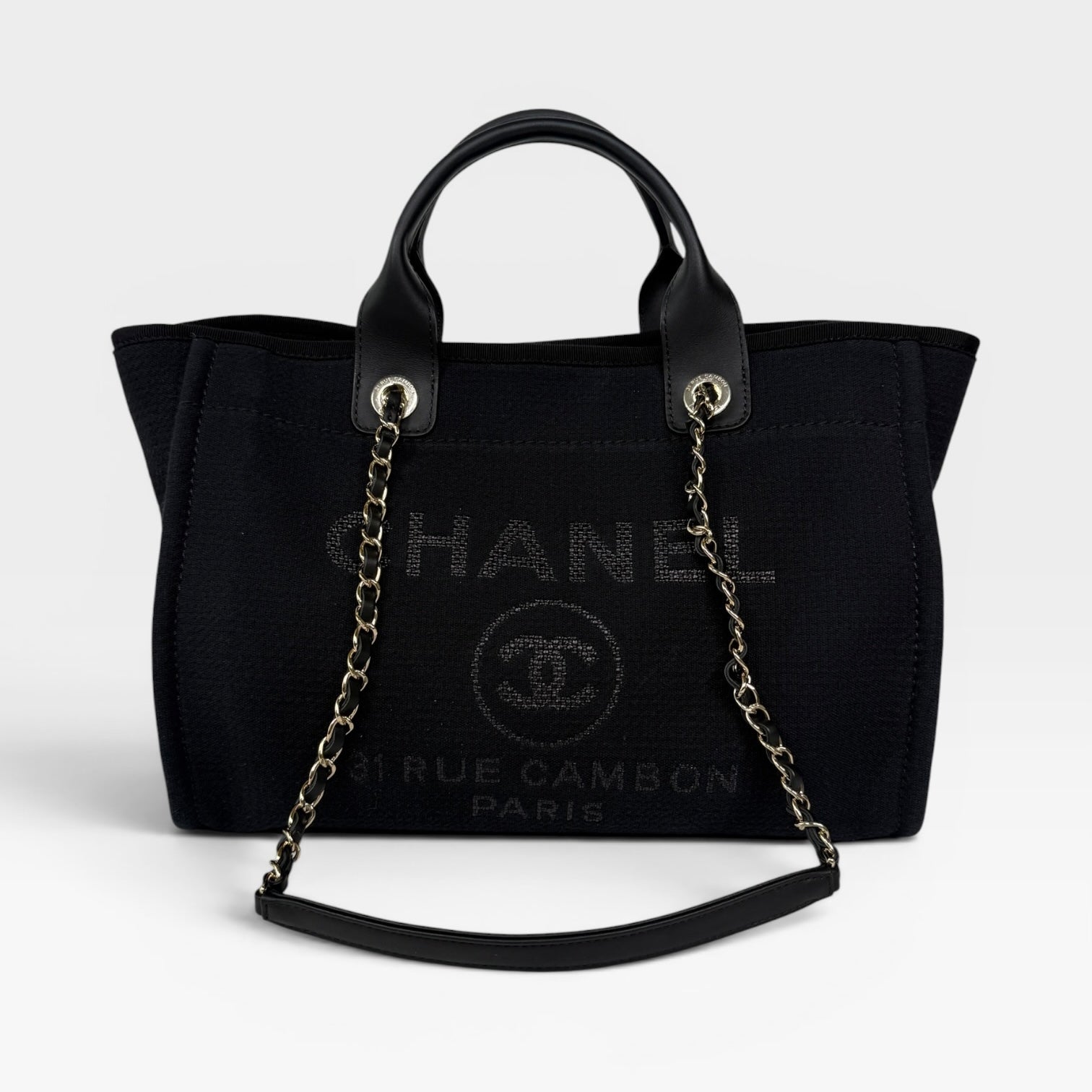 Chanel Small Deauville Tote Bag In Black With Pale Gold Hardware