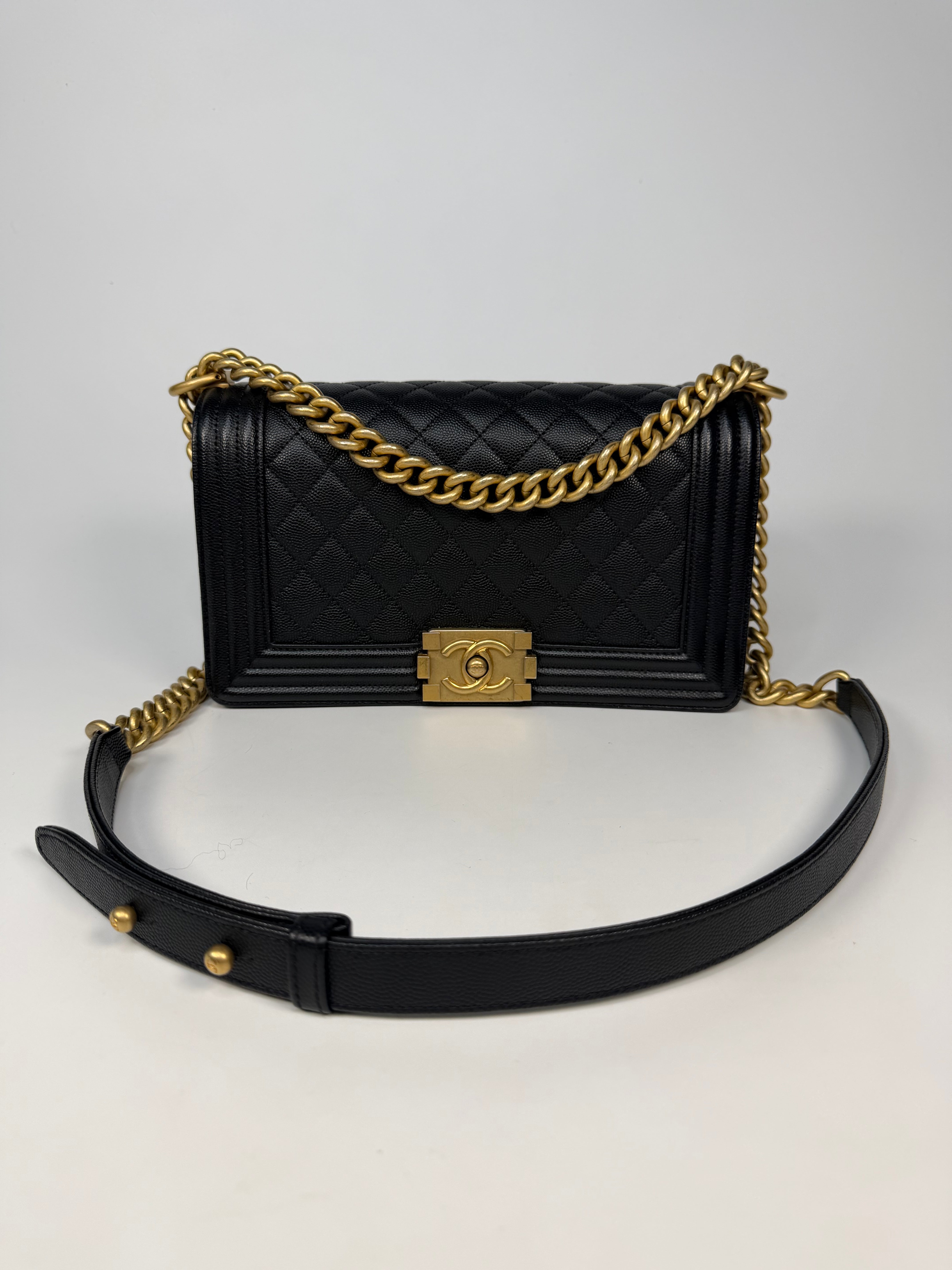 Chanel Boy Bag In Black Caviar Leather With Gold Hardware. Authentic and preloved in excellent condition. Insured next day delivery. Verified by Luxe Cheshire