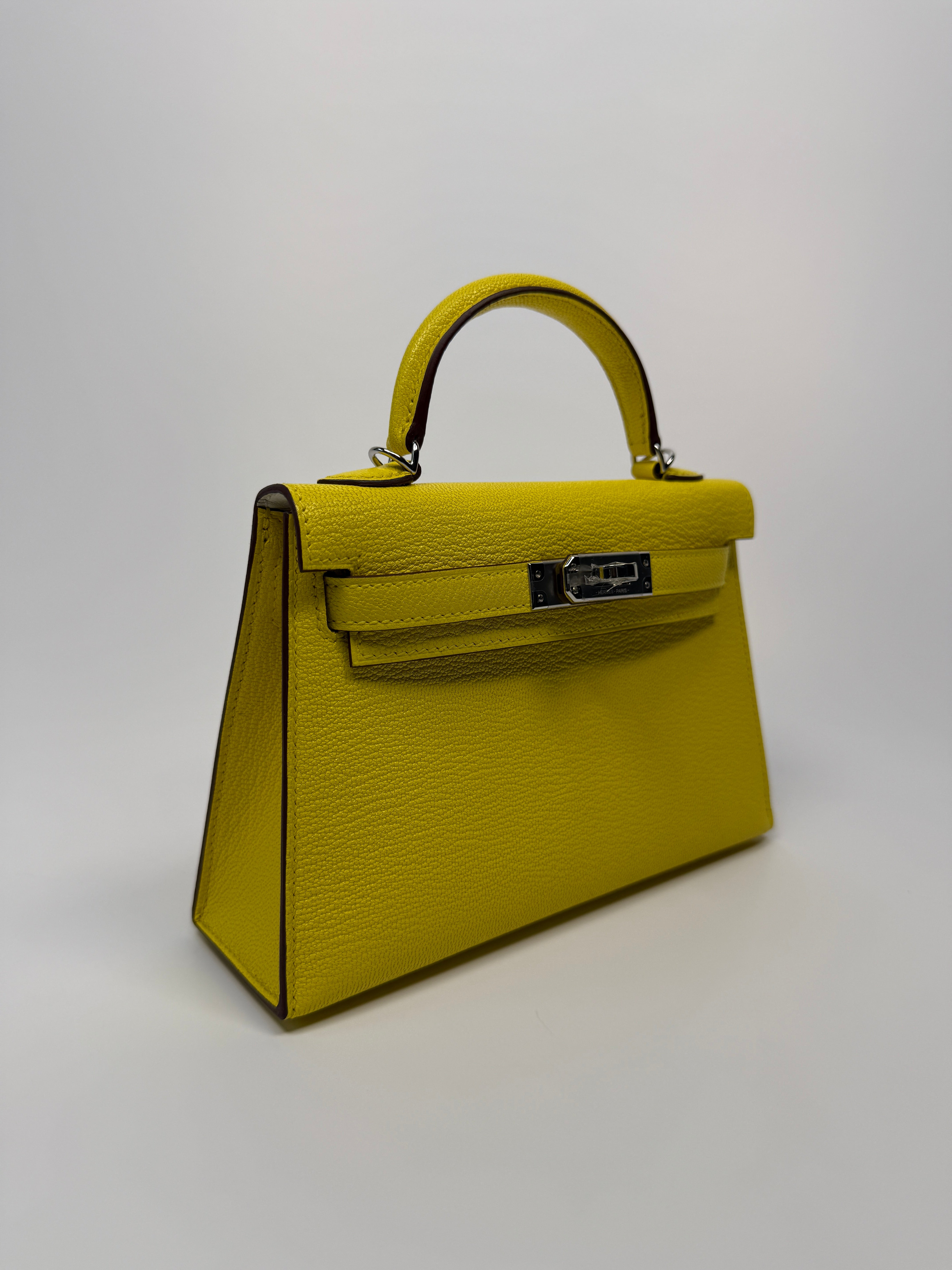 Authentic Pre Loved Hermés Mini Kelly ll Sellier Verso Chèvre Mysore in Jaune Citron and Mushroom With Palladium Hardware New & Unused Condition