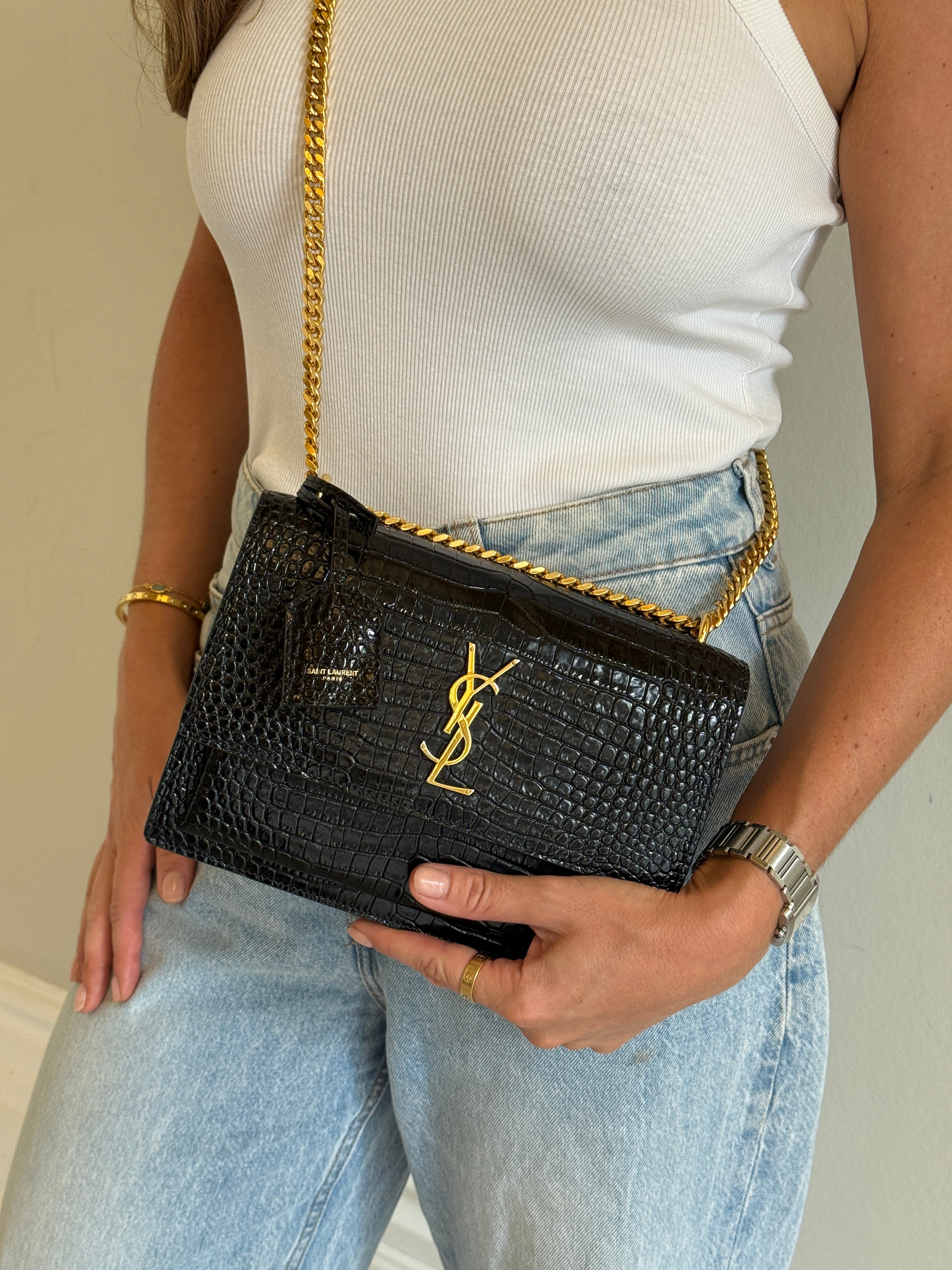 Saint Laurent Black Croc Embossed Sunset Bag