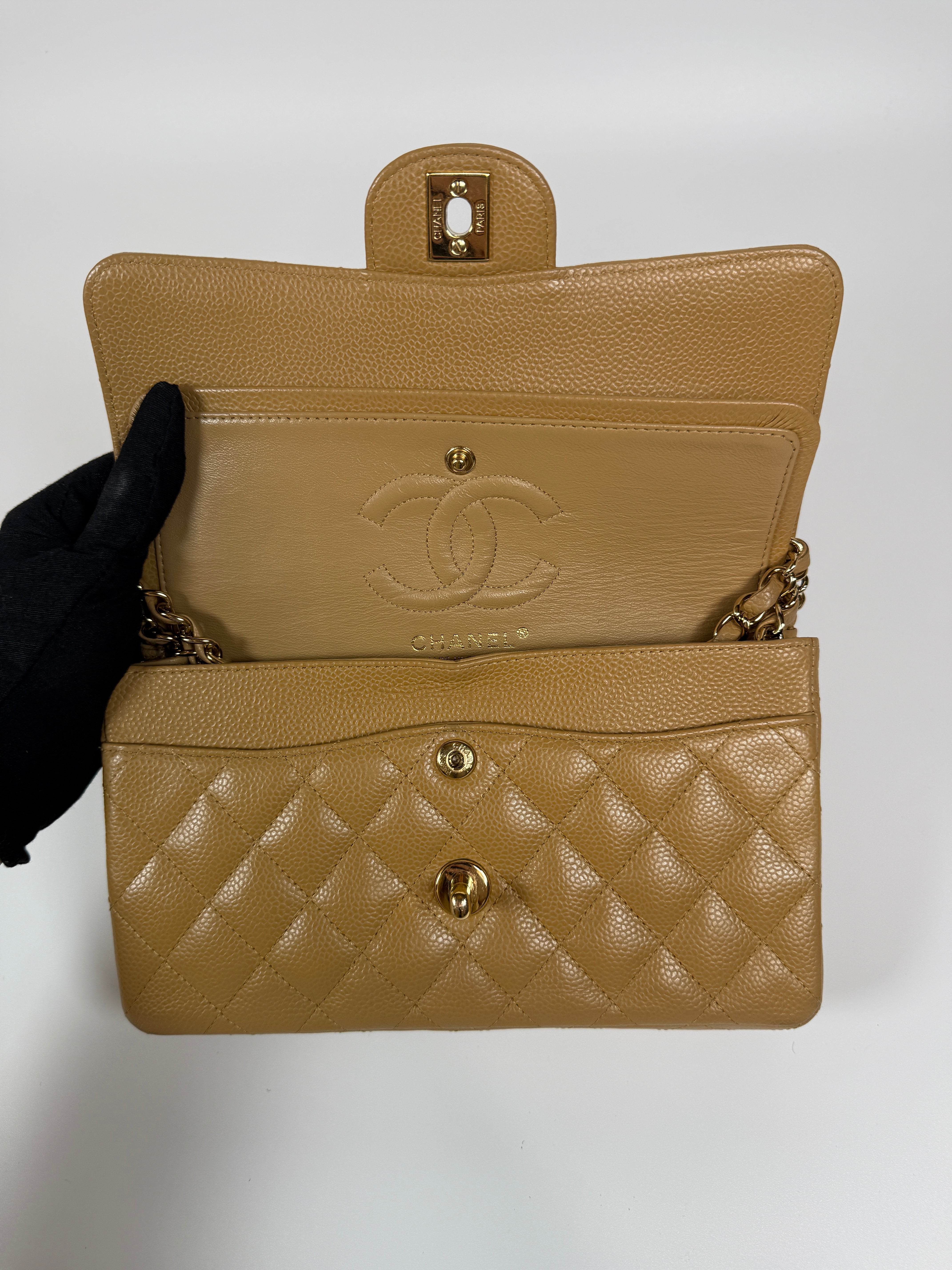 Chanel Small Classic Double Flap In Beige Caviar Leather With 24kt Gold Hardware. Authentic and Preloved. Excellent Condition, 100% Authenticity guarantee