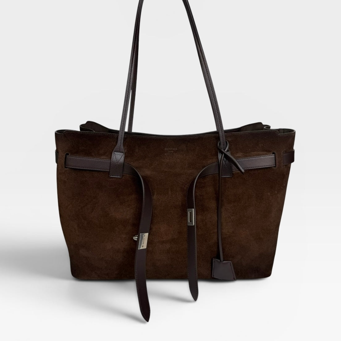 Balenciaga Bel Air Tote In Light Espresso Suede Calfskin With Silver Hardware. Authentic and preloved in excellent condition